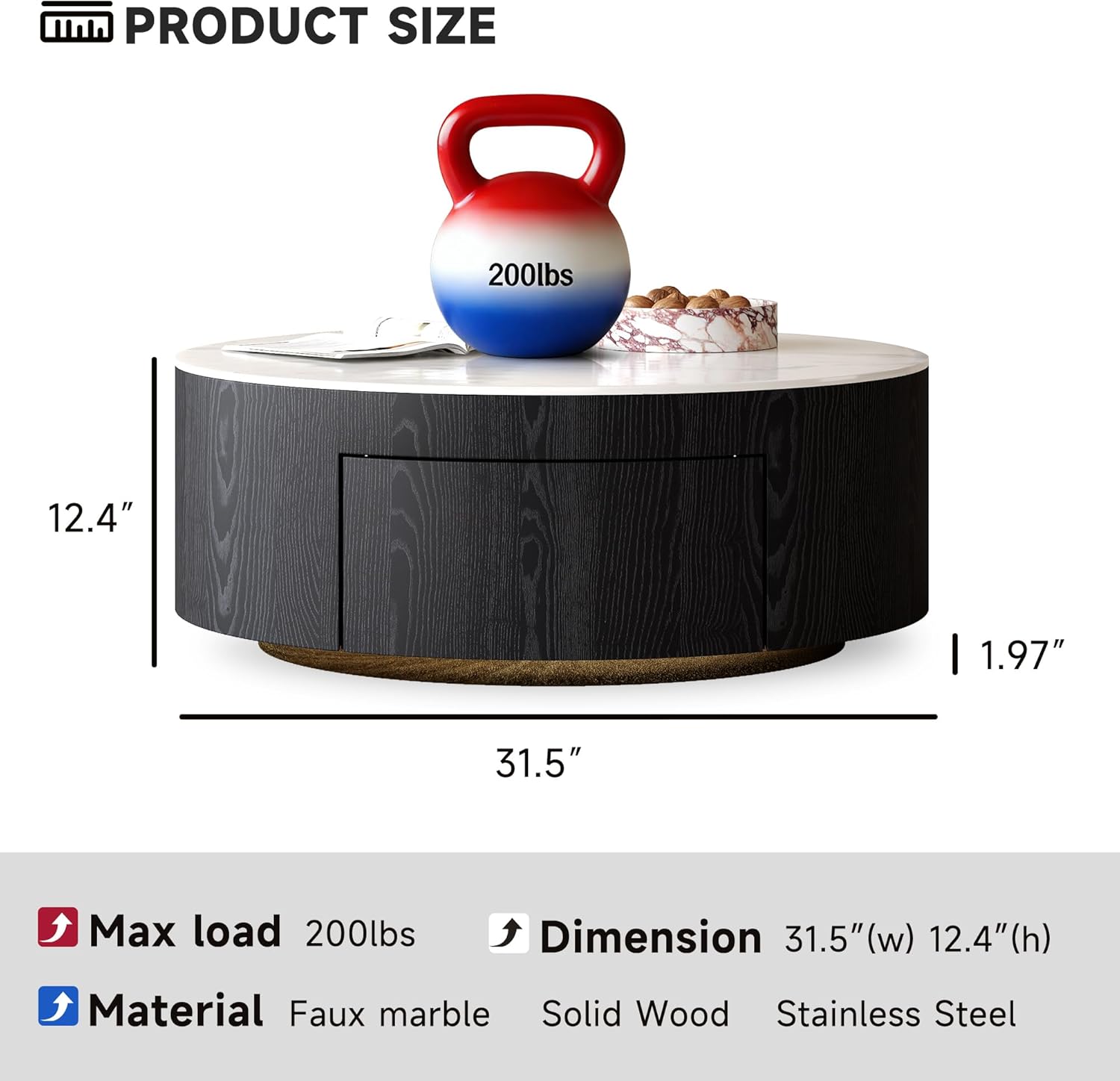 Round Coffee Table with Storage,Modern Sintered Stone & Solid Wood Center Table,Black and White Coffee Tables for Living Room,Apartment【Black,31.5"】