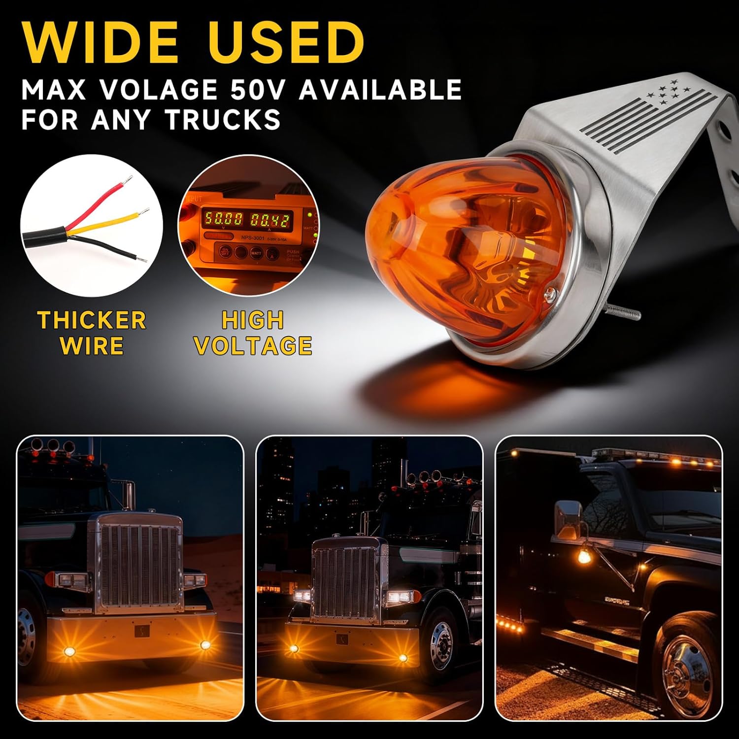 HOCHO Amber Glass Lens Watermelon Lights with Bracket, Upgraded +200% Brighter All Sealed Waterproof 9-48V LED Marker Turn Signal Lights for Semi Truck Kenworth Peterbilt Freightliner