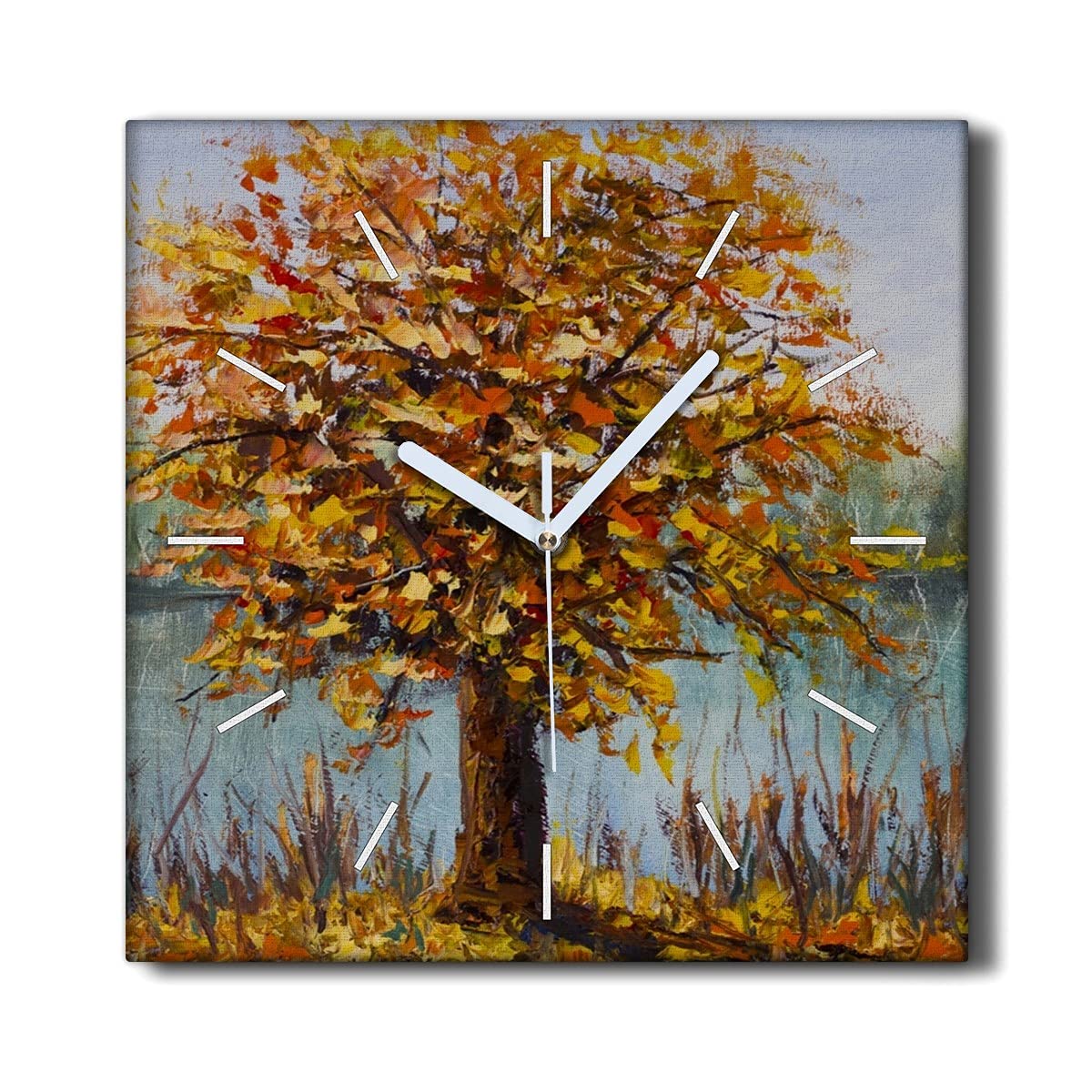 Horloge sur Toile Murale 30x30cm Silencieuse Décoration Salon Lac Arbre