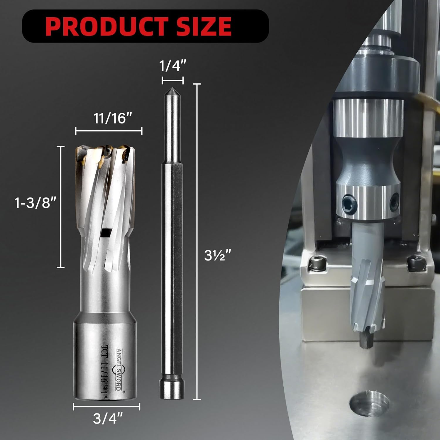 ANGELSWORD TCT Annular Cutter Diameter 11/16", Cutting Depth 1-3/8" Tungsten Carbide Tipped, Mag Drill Bits Kit for Magnetic Drill Press, with One 1/4"*3.5" Pilot Pin