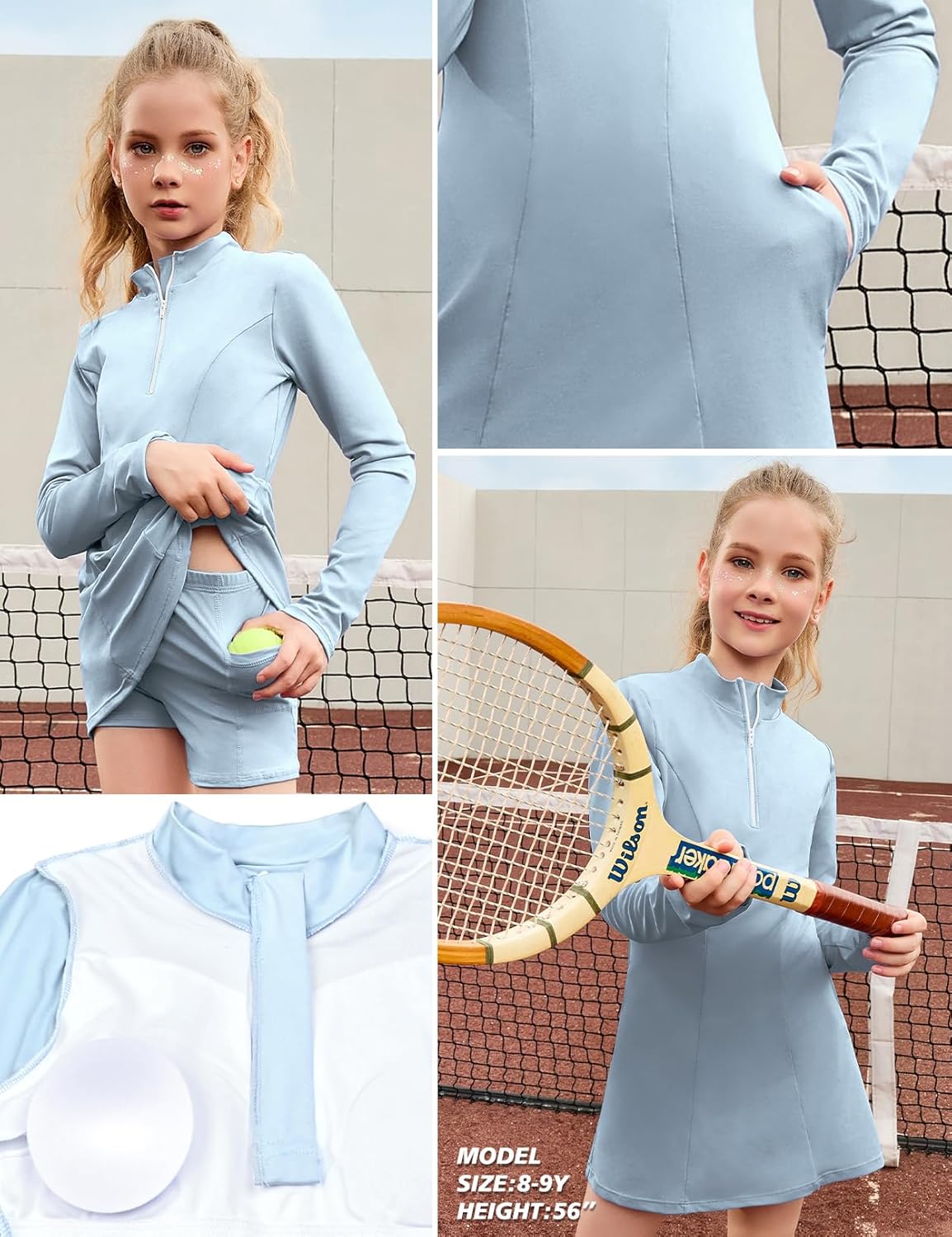 Perfashion Girls Tennis Dress 1/4 Zip Golf Outfit Built-in Bra & Shorts Pickleball Athletic Dress Workout Pockets 4-13Y - Image 4
