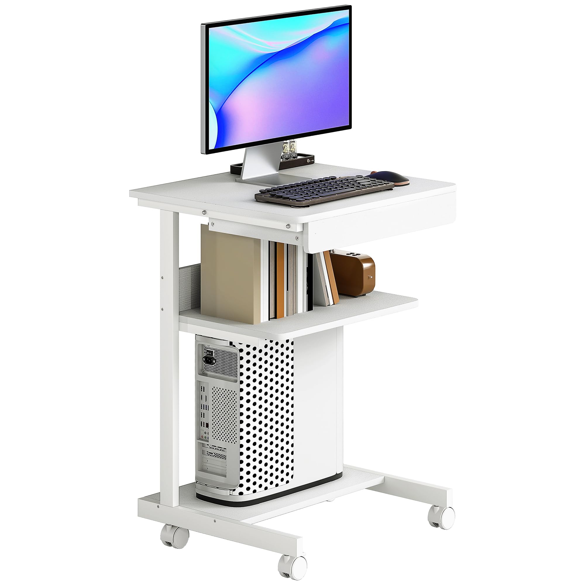HOMCOM Scrivania per computer su ruote, scrivania con spazio 56 x 51 cm con cassetto, scomparto e supporto per CPU, tavolo da computer per studio per piccoli spazi camera da letto, bianco