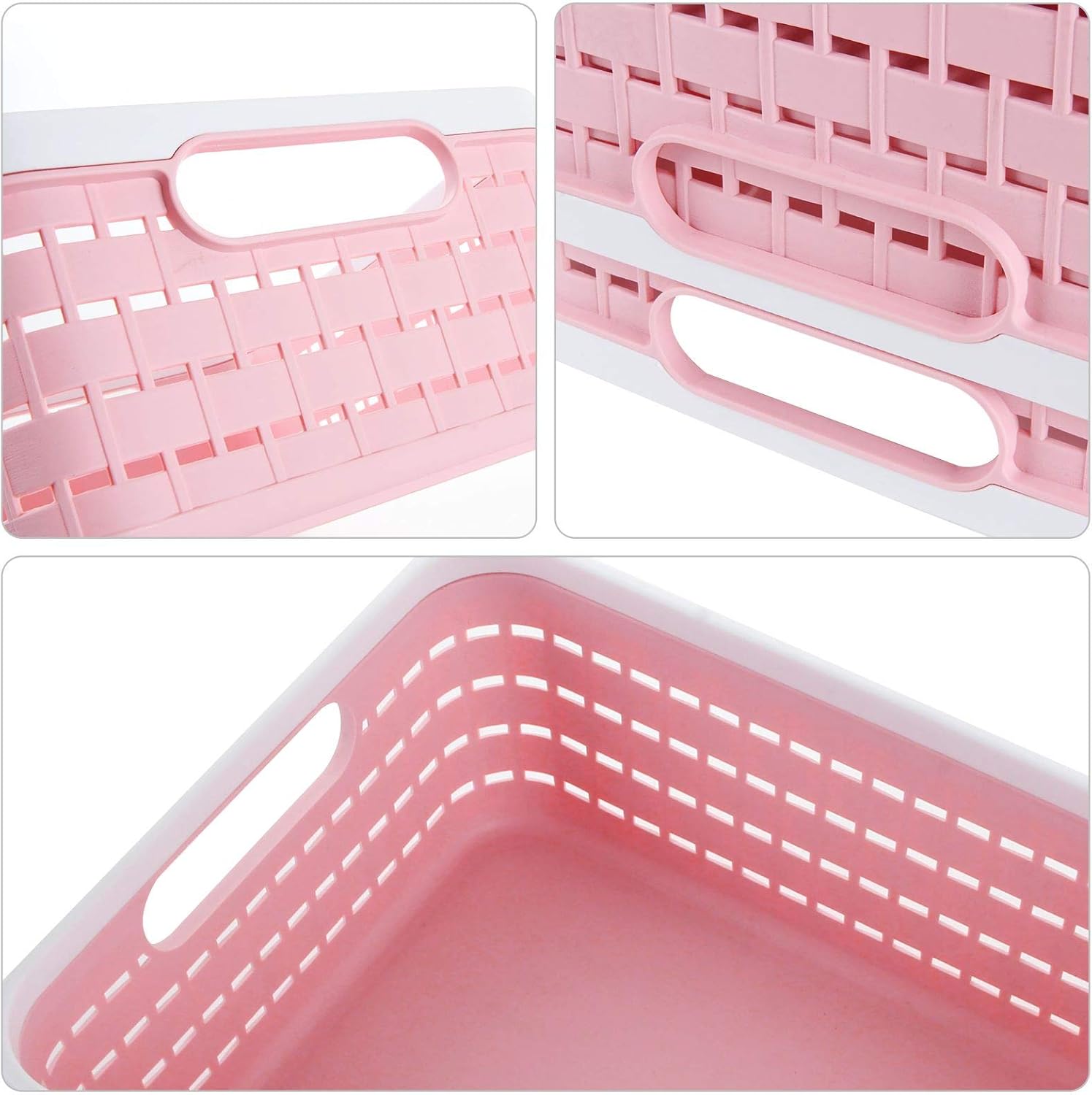 CertBuy 3 Pack Plastic Storage Baskets 14 x 10 x 4.5 Inch, Large Weave Storage Bins with Handle for Cabinet, Shelf, Kitchen, Bedroom, Bathroom and office – Pink