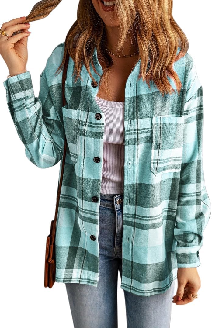 Womens Casual Flannel Plaid Shirts Oversized Lightweight Fall Shirt Coat Long Sleeve Button Down Shirts Blouse Tops - Image 4