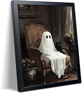 wanyun Halloween Ghost Wall Art Canvas Framed Poster Print Picture, Cute Ghost and Black Cat Gothic Artwork Painting, Dark Academia Spooky Room Wall Decor for Bedroom Living Room Apartment 16x24 Inch