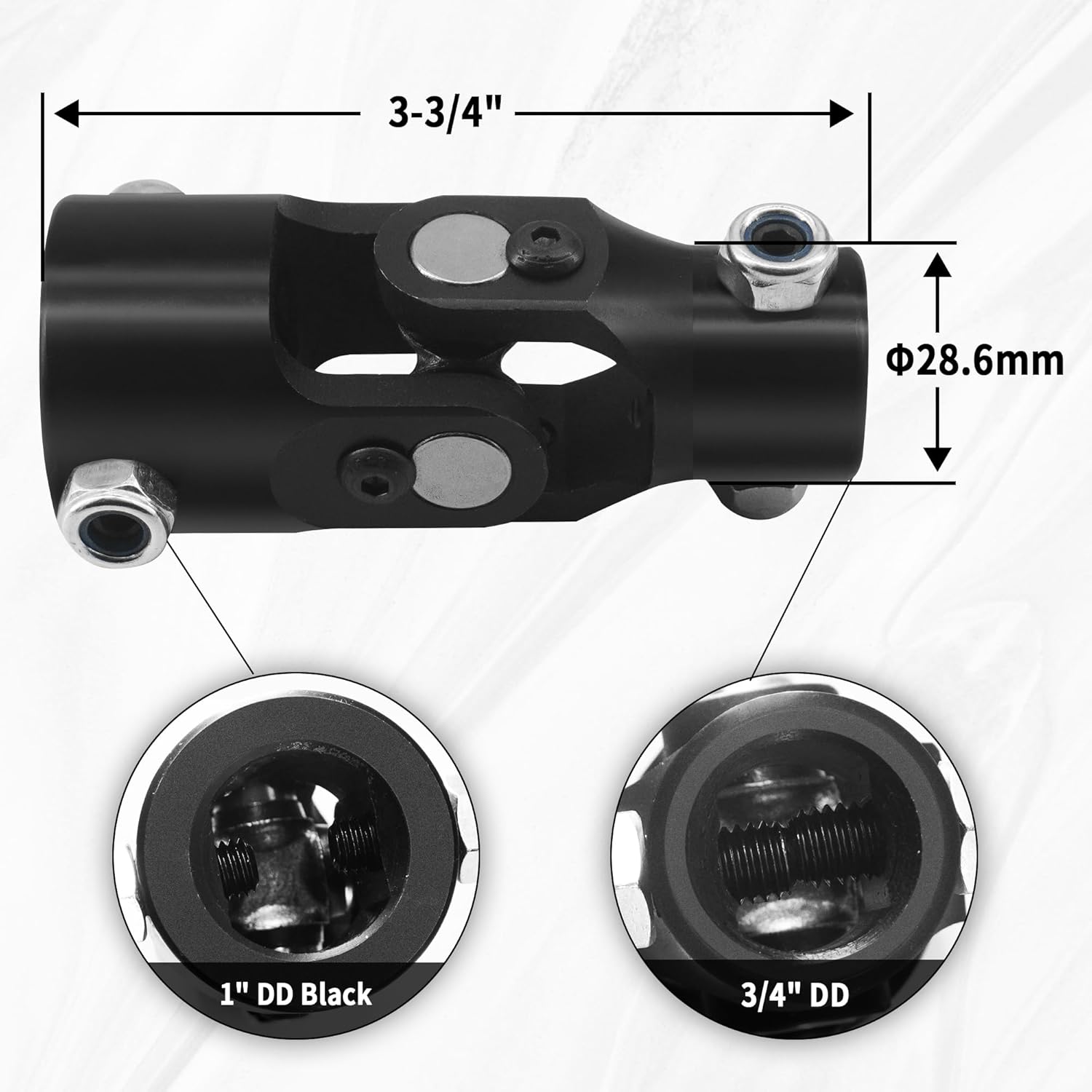 3/4" DD x 1" DD Black Steering Universal Joint Single U Joint Shaft，Total Length: 96mm (3-3/4")