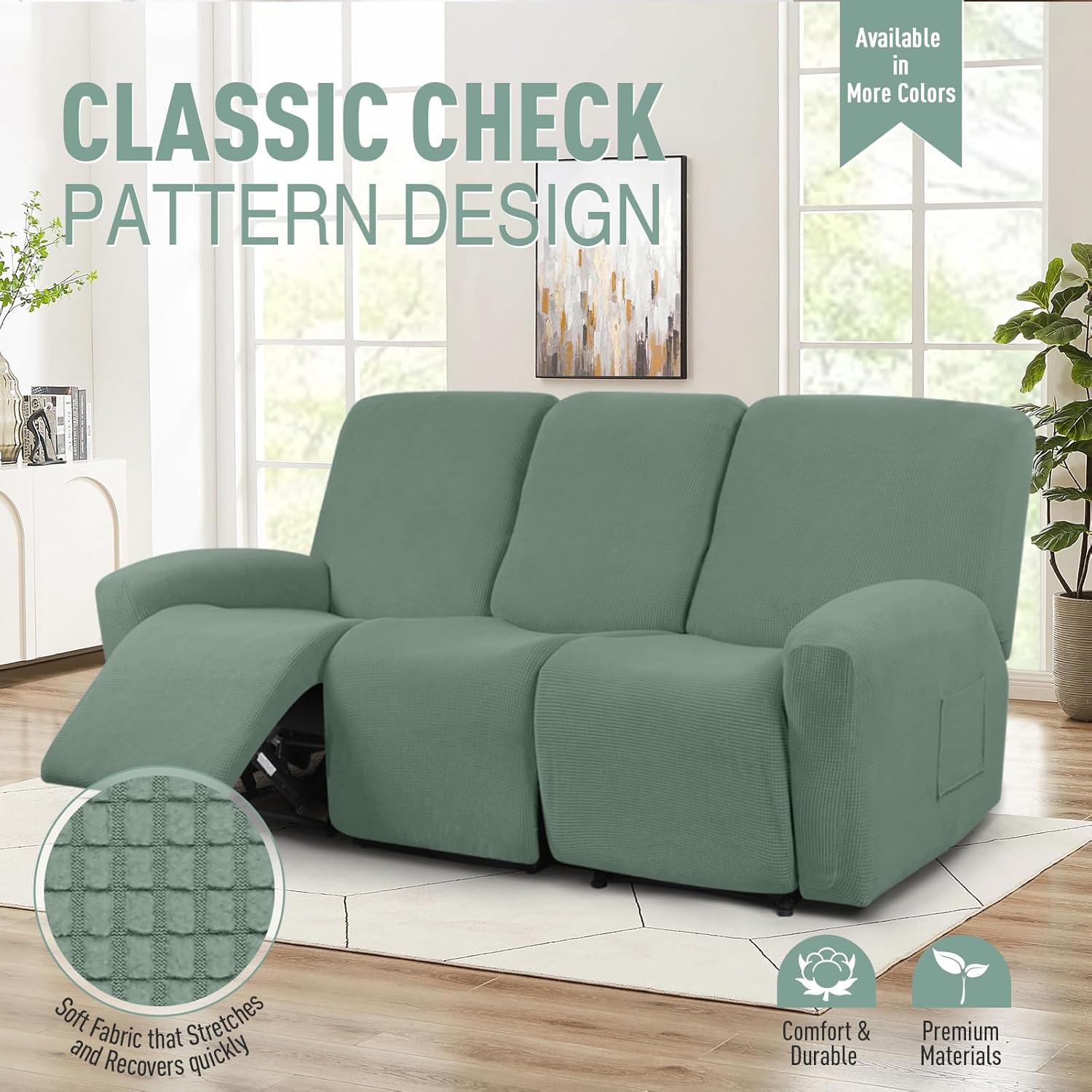 TAOCOCO Recliner Loveseat Cover with Middle Console & Recliner Chair Covers & Recliner Sofa Covers for 3 Seat, Sage Green