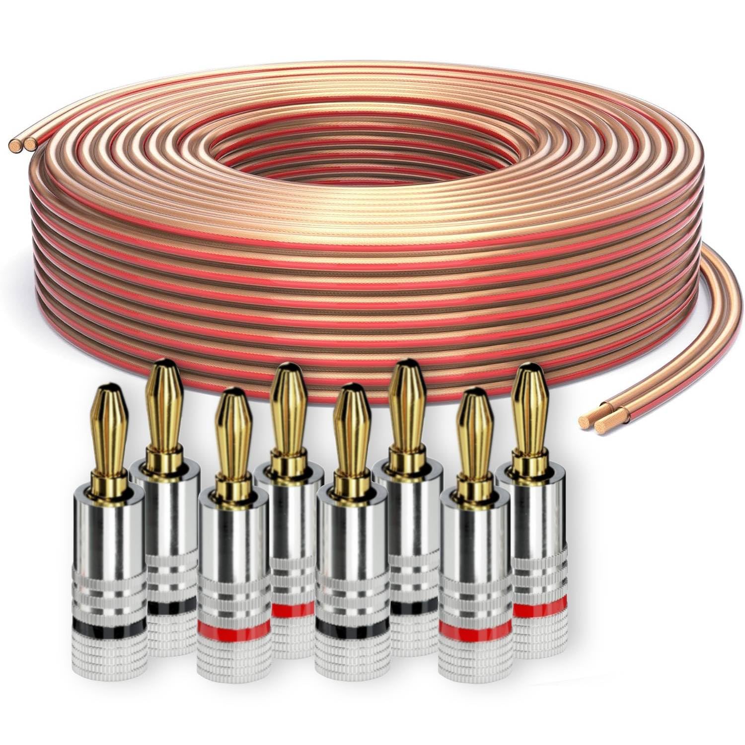 PureLink Cable para altavoces con conectores banana, cable audio OFC 2x2,50mm² (0,20mm), 30,0m, 8 conectores, cobre puro para altavoces HiFi y subwoofer, marcación de polaridad, transparente