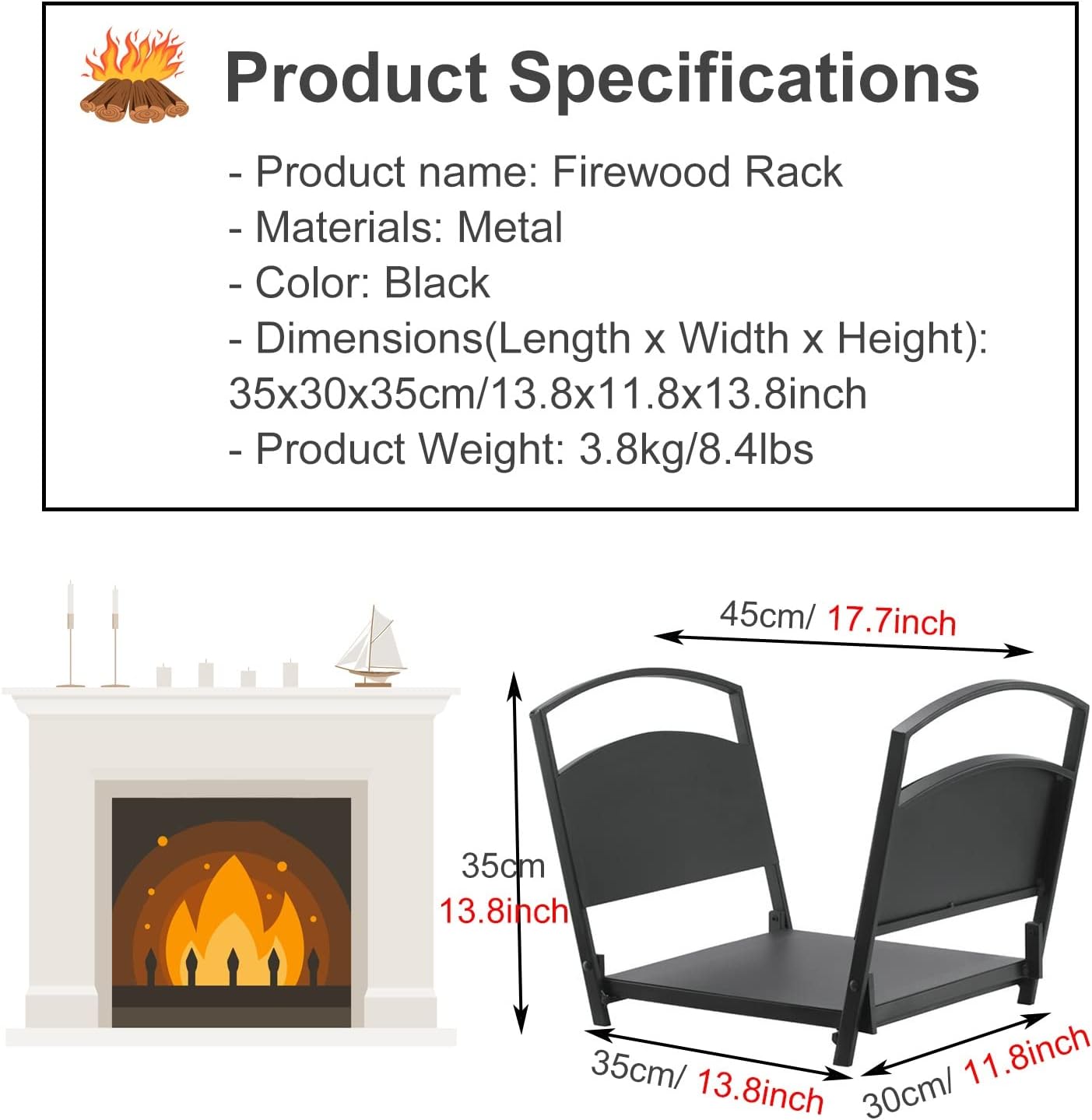 Firewood Rack Firewood Racks Firewood Storage for Fireplace, Rust Resistant Metal Wood Stacker, 13.8X11.8X13.8Inch Logs Storage Stand for Patio, Easy to Assembl