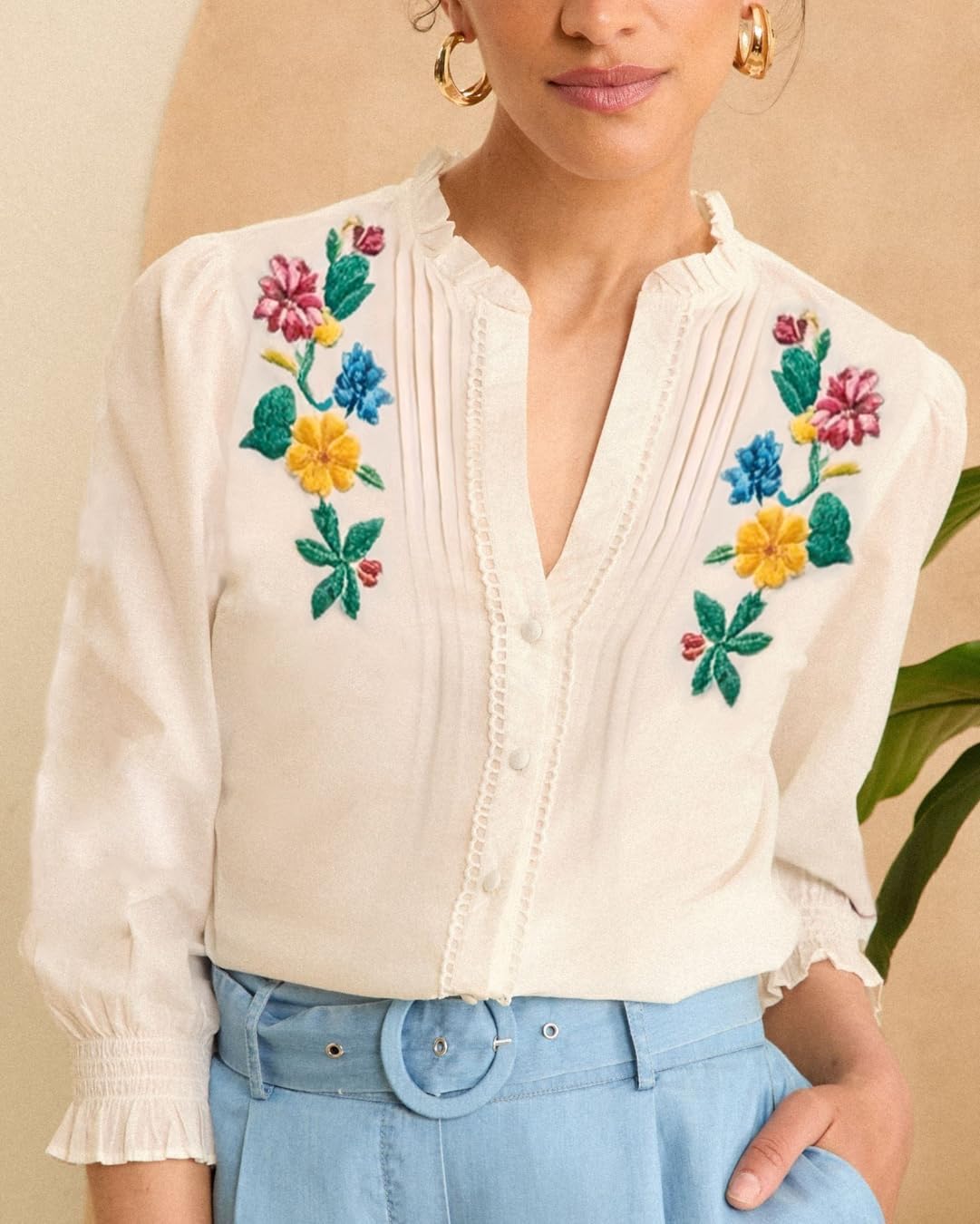 Melliflo Embroidered Tops for Women 3/4 Sleeve Peasant Blouse V Neck Button Down Shirts Dressy Casual - Image 2