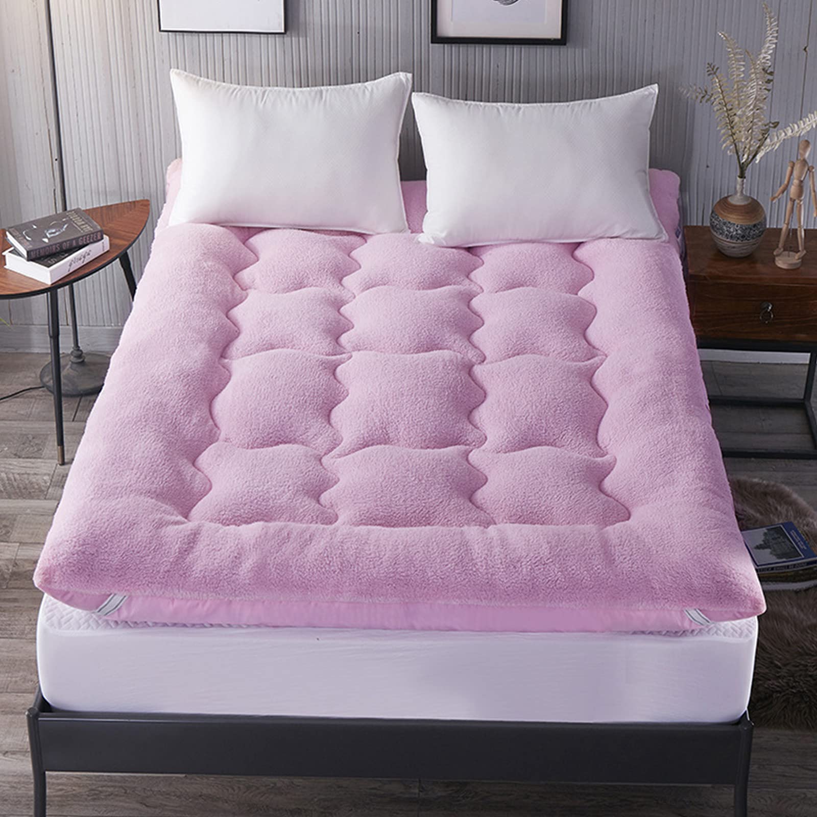 KKVV Thicken Lamb Wool Floor Mattress, Folding Roll Up Futon Mattress, Portable Tatami Mat Guest Soft Warm Sleeping Pad, for Travel Camping,Pink,150x200cm (5979 in)