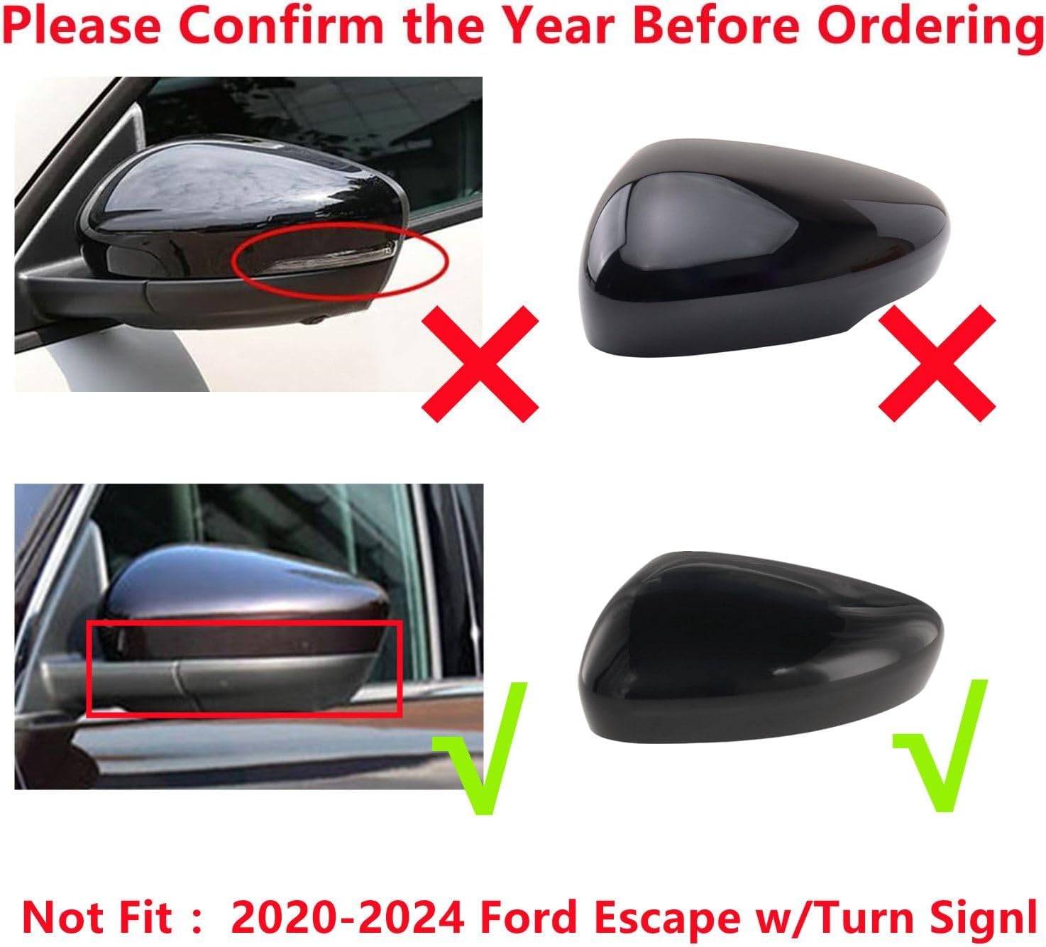 Rear View Mirror Cover Compatible with 2020-2024 Ford Escape SE/SEL 20 21 22 23 24 w/o Turn Signal Light Mirror Caps Replacement Left and Right