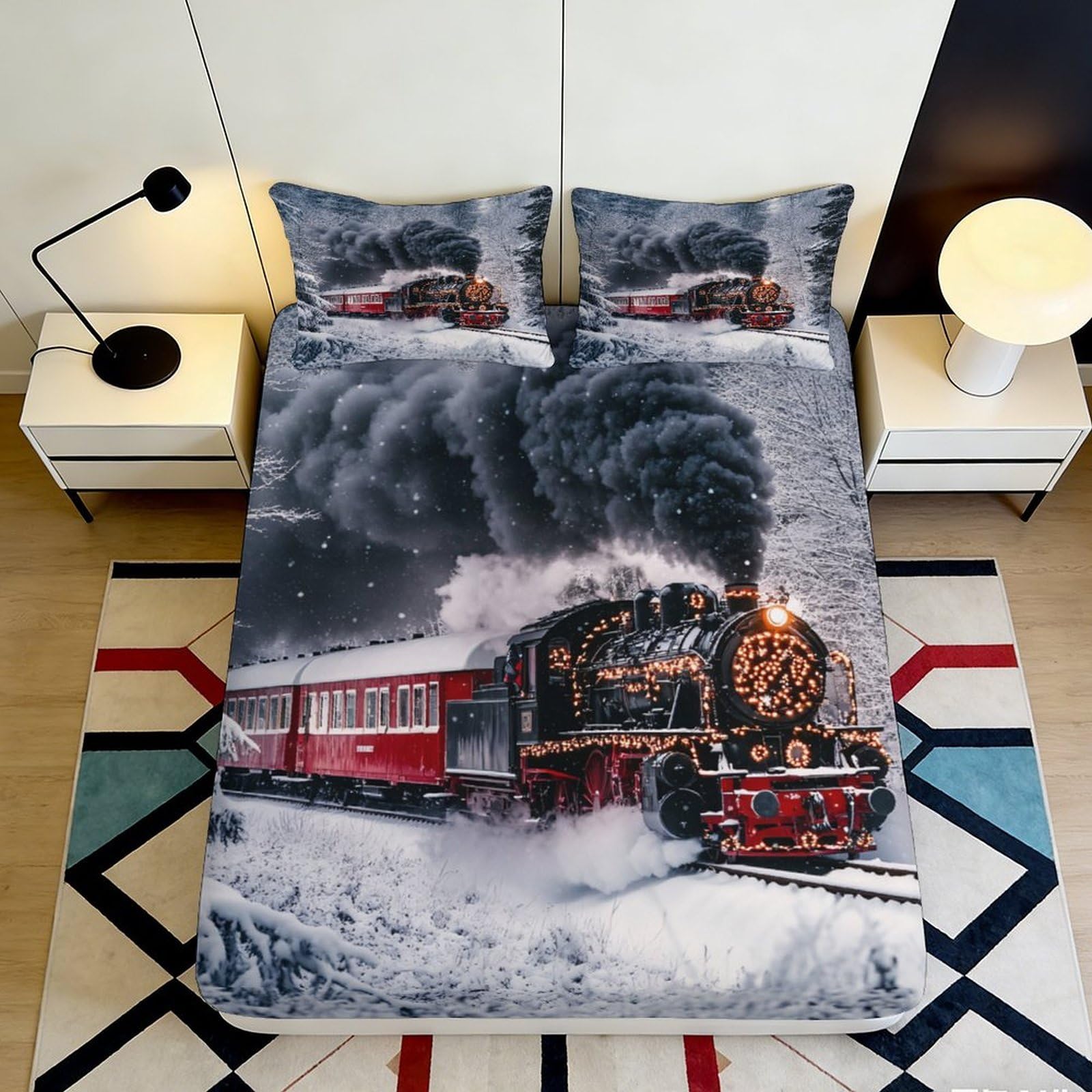 Dhbaneiok Style-5 3D Printed Steam Train Journey Fitted Sheet Microfiber Soft Non-Slip Red Locomotive Bed Cover Bedroom Decor 90X200x25cm