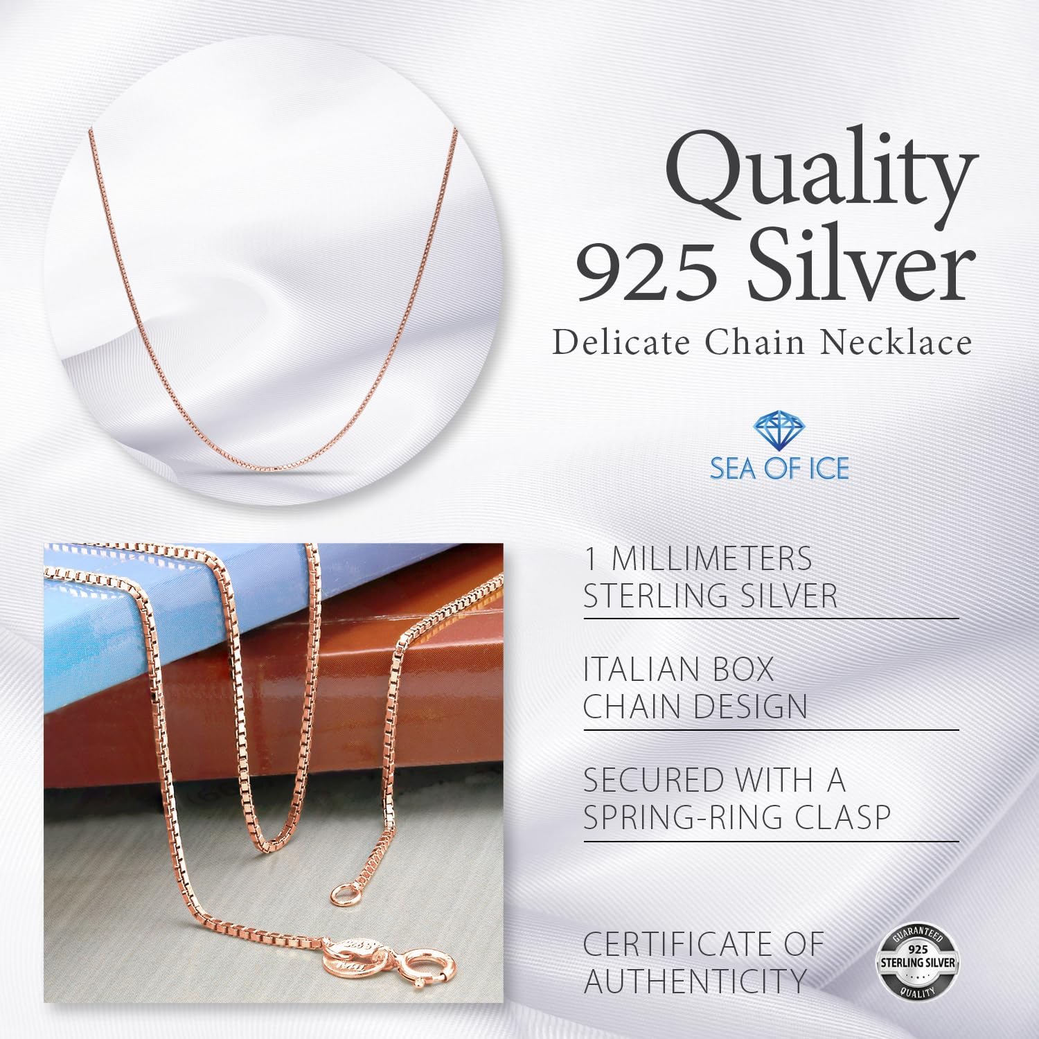 SEA OF ICE Chain Necklace 925 Sterling Silver with Ring Clasp Closure, Italian Box Necklace Chain Necklace for Women & Men, Available in Gold, Rose Gold, Silver, and Black Rhodium, Multisize - Image 5