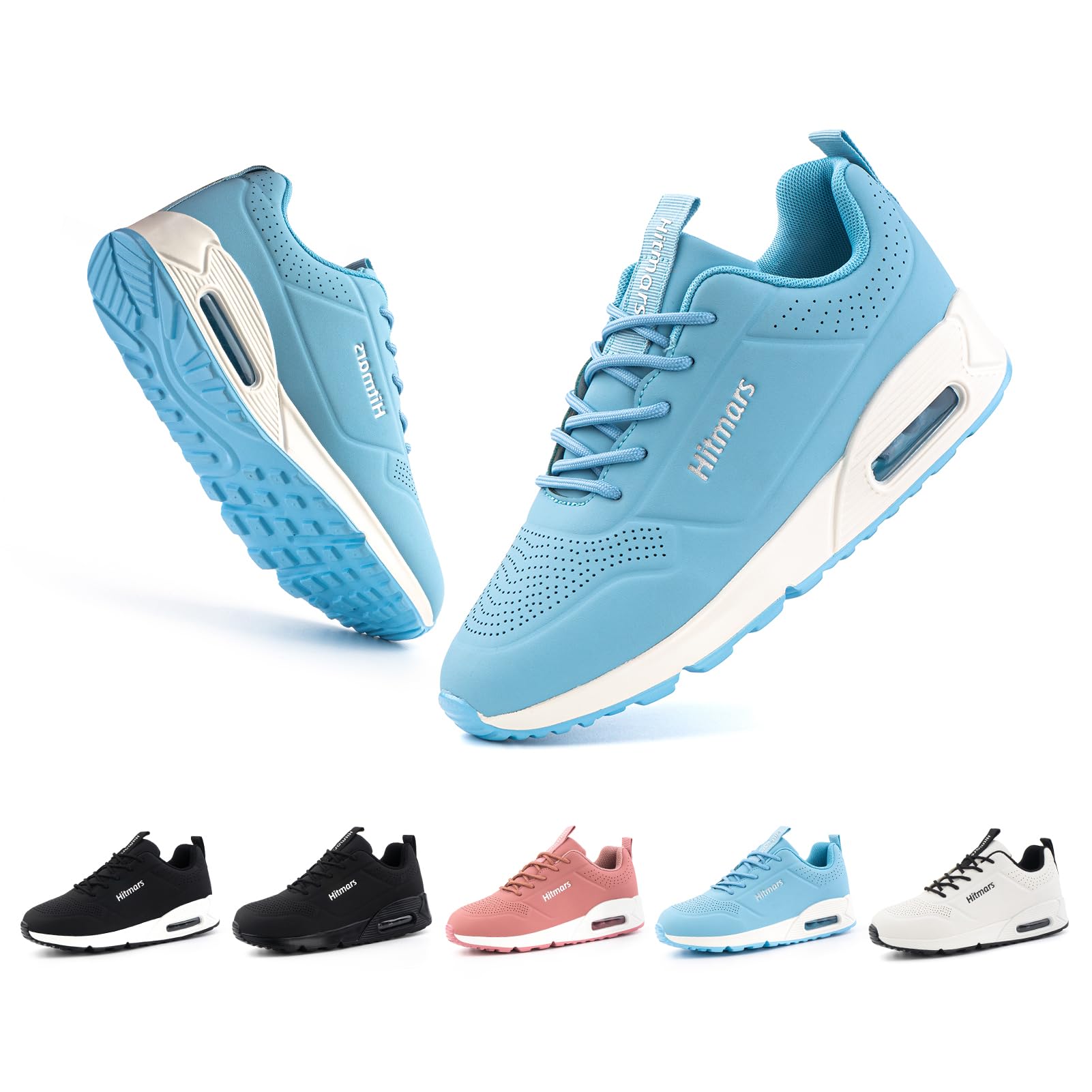 Hitmars Running Shoes Women's Trainers PU Splash Guard Air Cushion Lightweight Non-Slip Black Blue Pink White Size 36-46