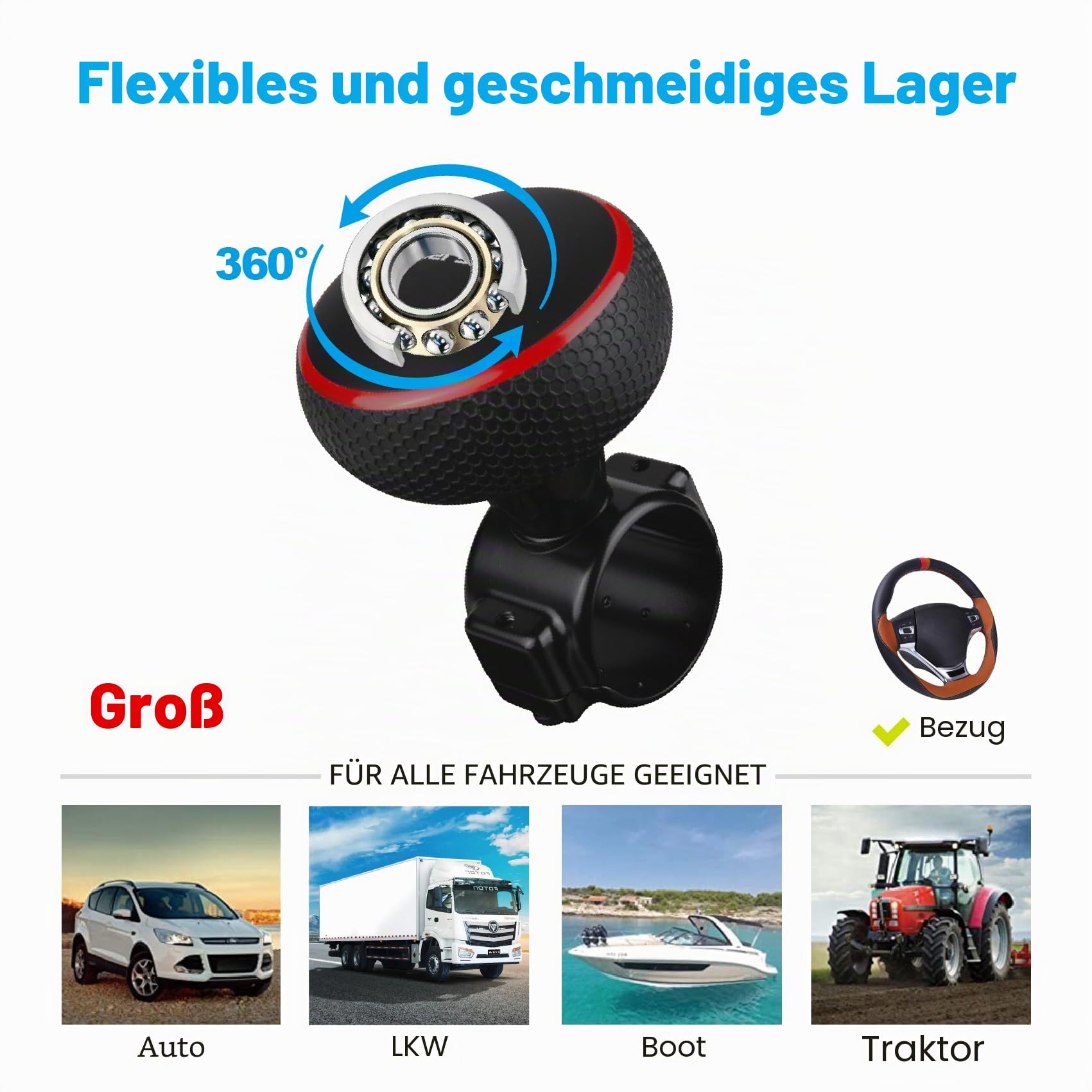 Hypersonic Lenkradknauf für dicke Lenkräder – Großer Lenkradkreisel für Autos, LKWs, Traktoren, Gabelstapler, Rasenmäher usw