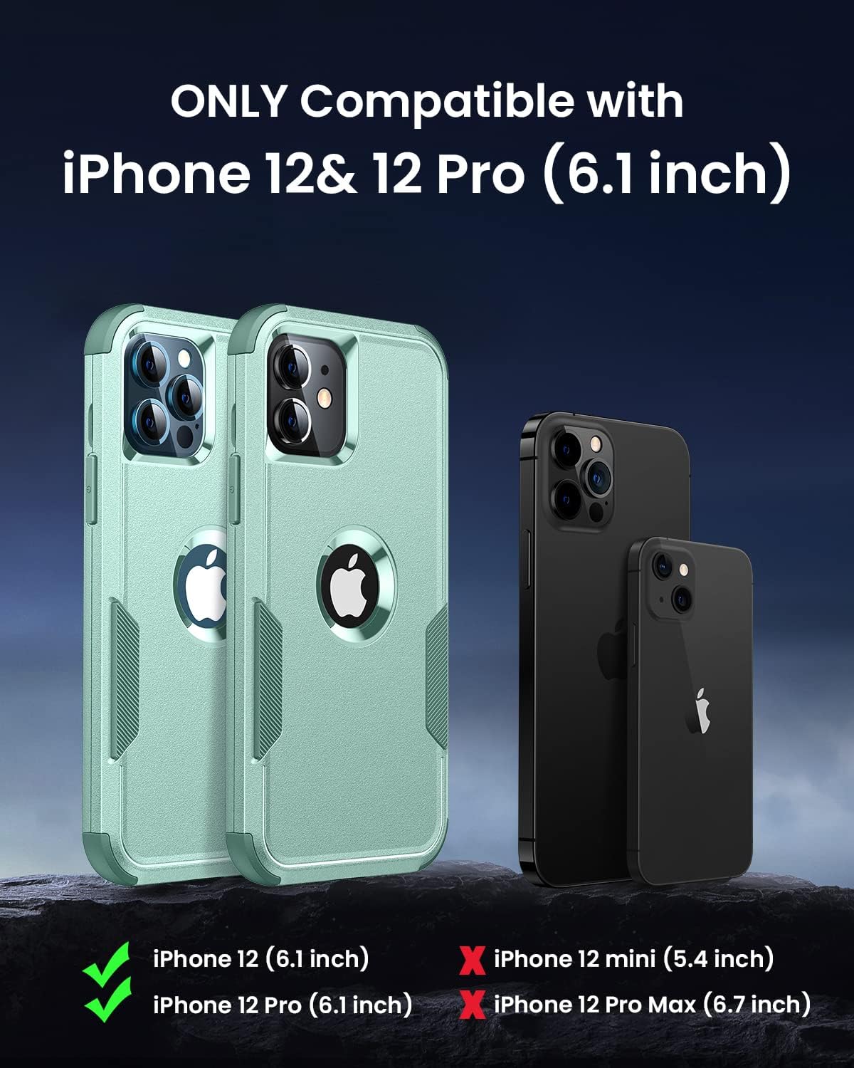 FireNova for iPhone 12 Case, for iPhone 12 Pro Case,[10 FT Military Grade Drop Protection] with [Screen Protector], 3 in 1 Non-Slip Heavy Duty Shockproof Phone Case,6.1 Inch,Mint Green