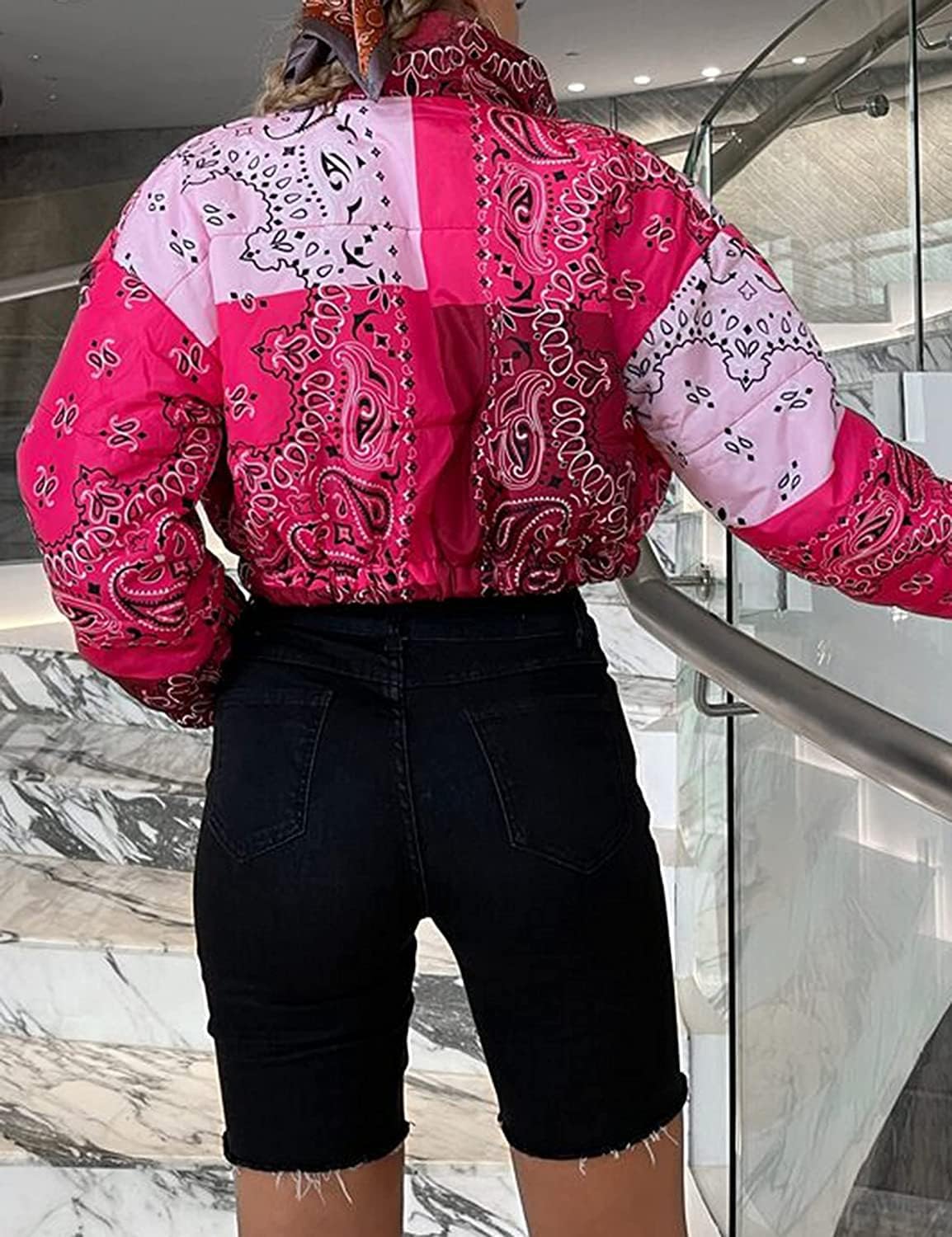 iXubem Women's Cropped Puffer Jackets Full Zip Lightweight Vintage Bandana Shiny Short Winter Bubble Coat Jacket