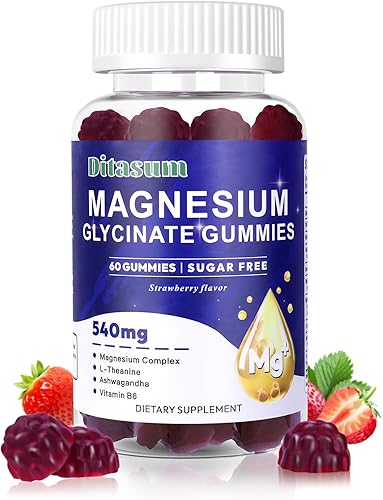 Glicinato de magnesio y L-treonato de 540 mg, sin azúcar con Ashwagandha, suplemento para relajación y apoyo al sueño, sabor a fresa, 60 gomitas (1,