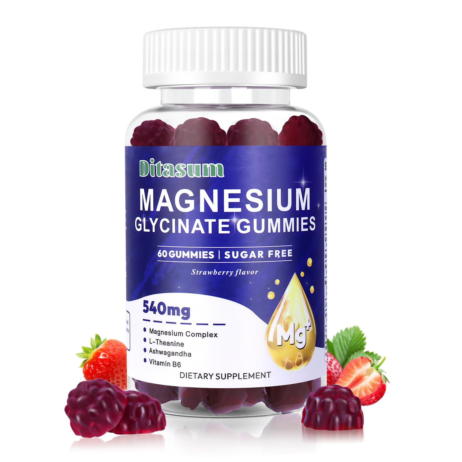Magnesium Glycinate Gummies with L-Threonate, Vitamin B6, Ashwagandha 540mg per Serving, Sugar Free, Vegan, Relaxation & Nighttime Support, Strawberry Flavor, 60 Gummies Strawberry 60 Count (Pack of 1)