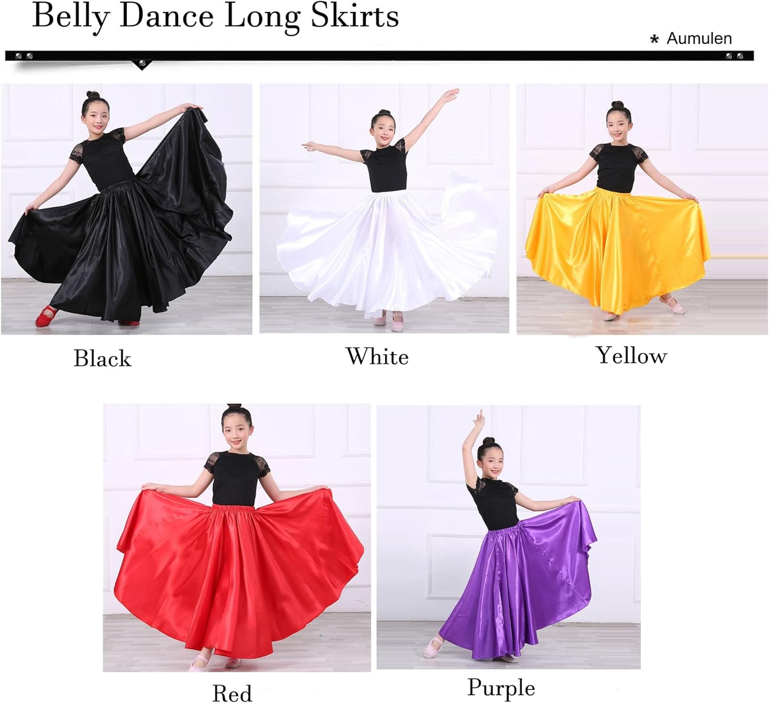 Girls Satin Full Circle Ankle Length Swing Long Skirt Belly Dance Performance Costume for School Children 8-12 Years - Image 5