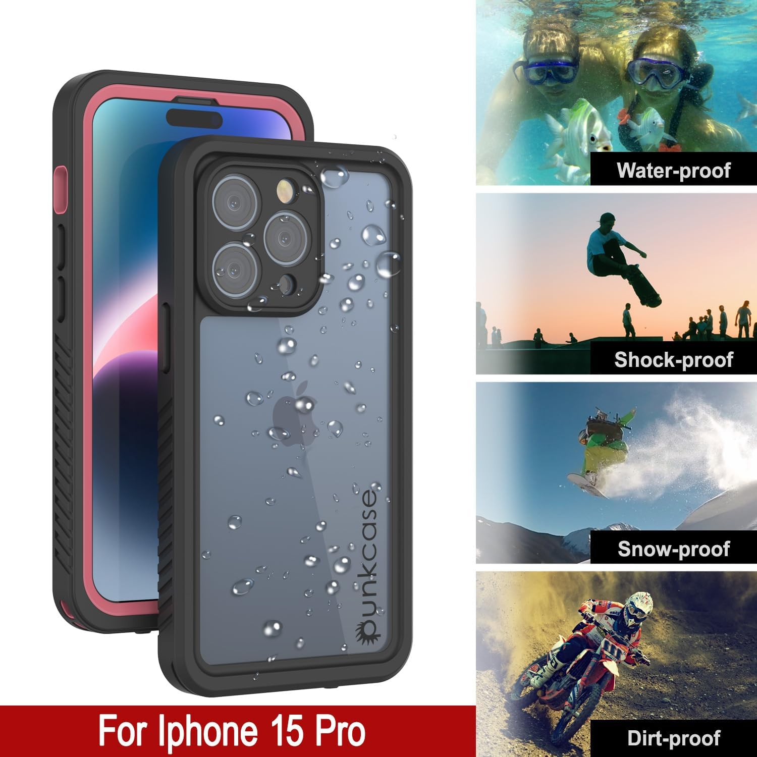 PunkCase for iPhone 15 Pro Waterproof Case [Extreme Series] [Slim Fit] [IP68 Certified] [Shockproof] [Snowproof] Armor Cover W/Built in Screen Protector for iPhone 15 Pro Cover (6.1")(2023)(Pink)