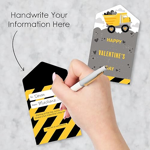 Miniatura 3 de Big Dot of Happiness Dig It - Zona de fiesta de construcción - Tarjetas de camión volquete para niños - Pestañas de tirar para el día de San