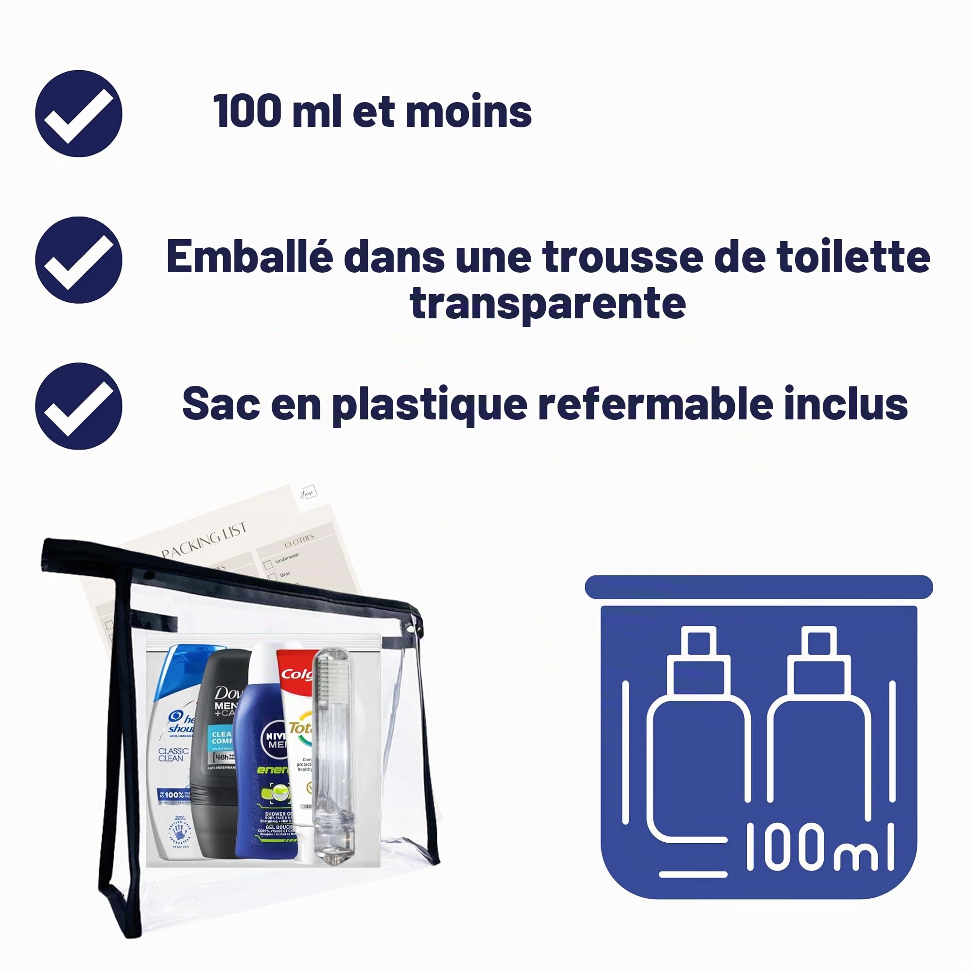 Ensemble de toilette de voyage pour homme – Mini kit de toilette de voyage avec liquides approuvés par la TSA – Accessoires de voyage pour homme adaptés aux aéroports pour les vacances, les affaires