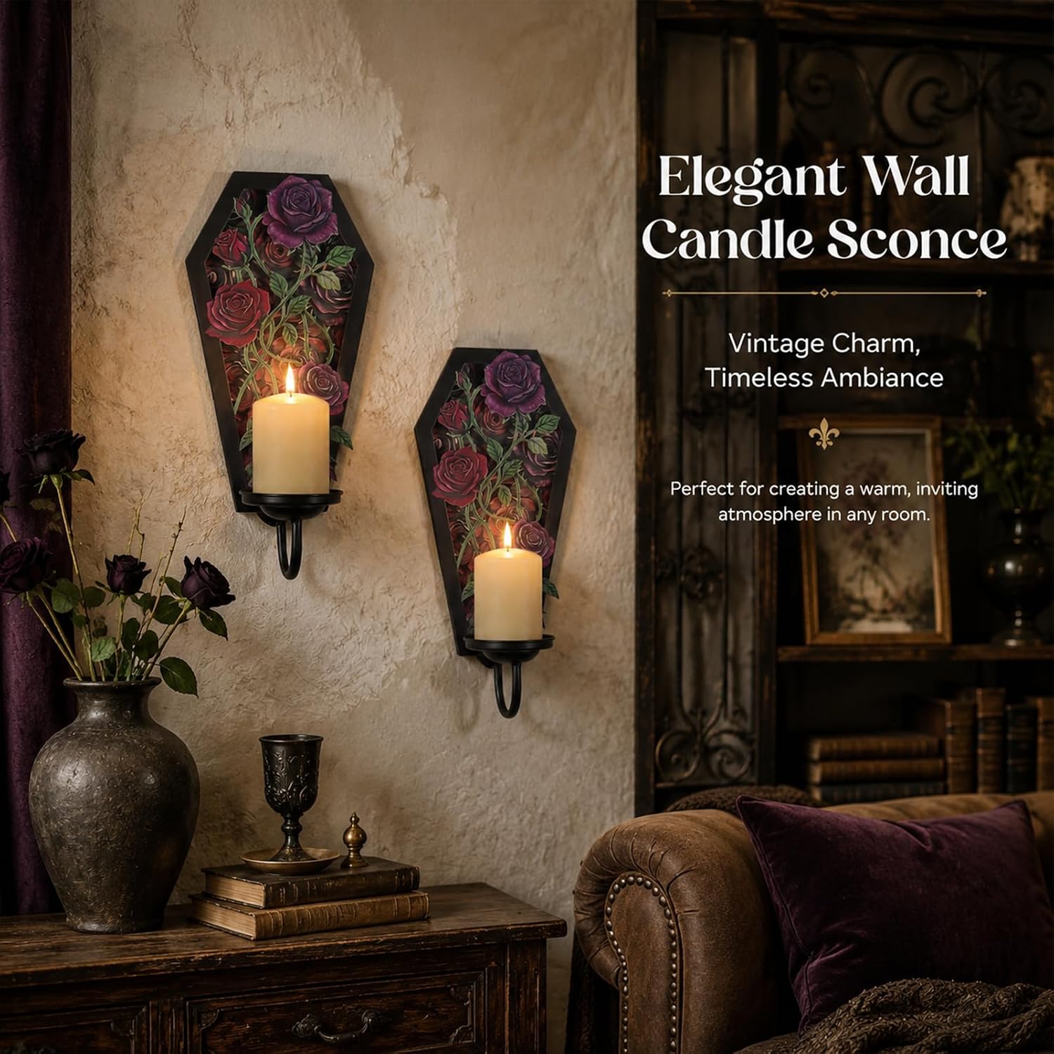 Gothic Coffin Wall Candle Sconce Set of 2, Dark Romantic Rose Thorn Backplate with Removable Trays for Taper & Pillar Candles, Gothic Decor for Living Room Bedroom, Year-Round Halloween Home Accent