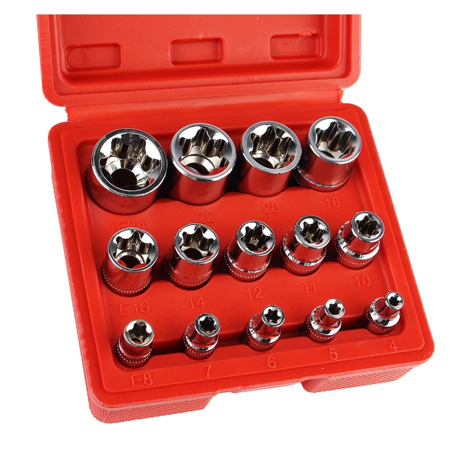 Żeński zestaw gniazd E Torx Zewnętrzny zestaw nasadek Torx E4-E24 z etui Narzędzia do naprawy samochodów Klucz Głowa Gwiazda Zestaw nasadek 14-częściowy (czerwony)