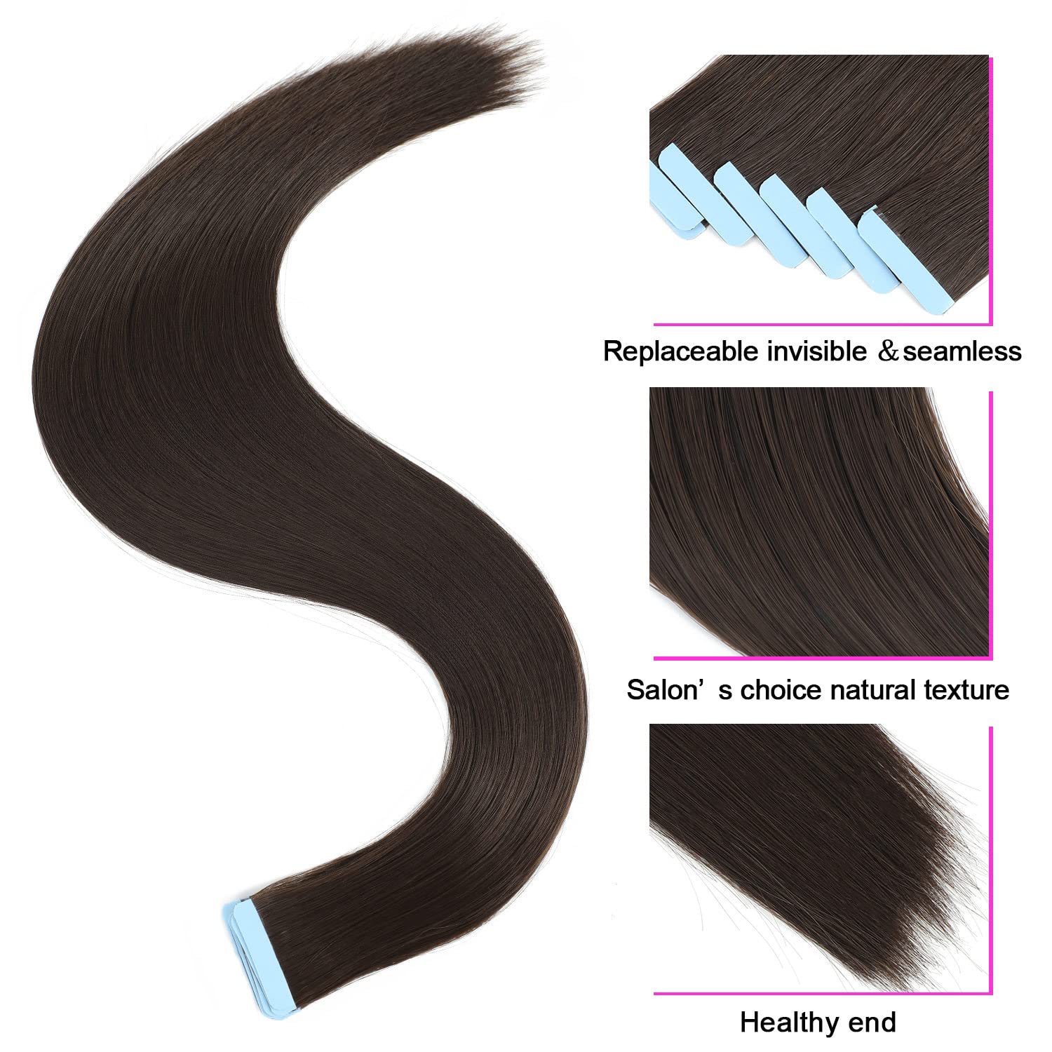 20-Inch Tape-In Human Hair Extensions, Seamless Silky Straight Salon Quality 20 Inch 2 Dark Brown Tape in Hair Extensions | 100  main image 2