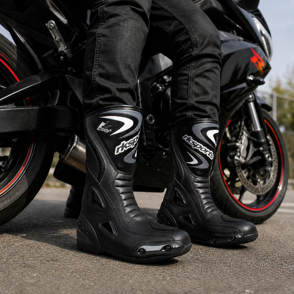 LV14 Bottes de moto en cuir blindé imperméables Noir/bleu/rouge