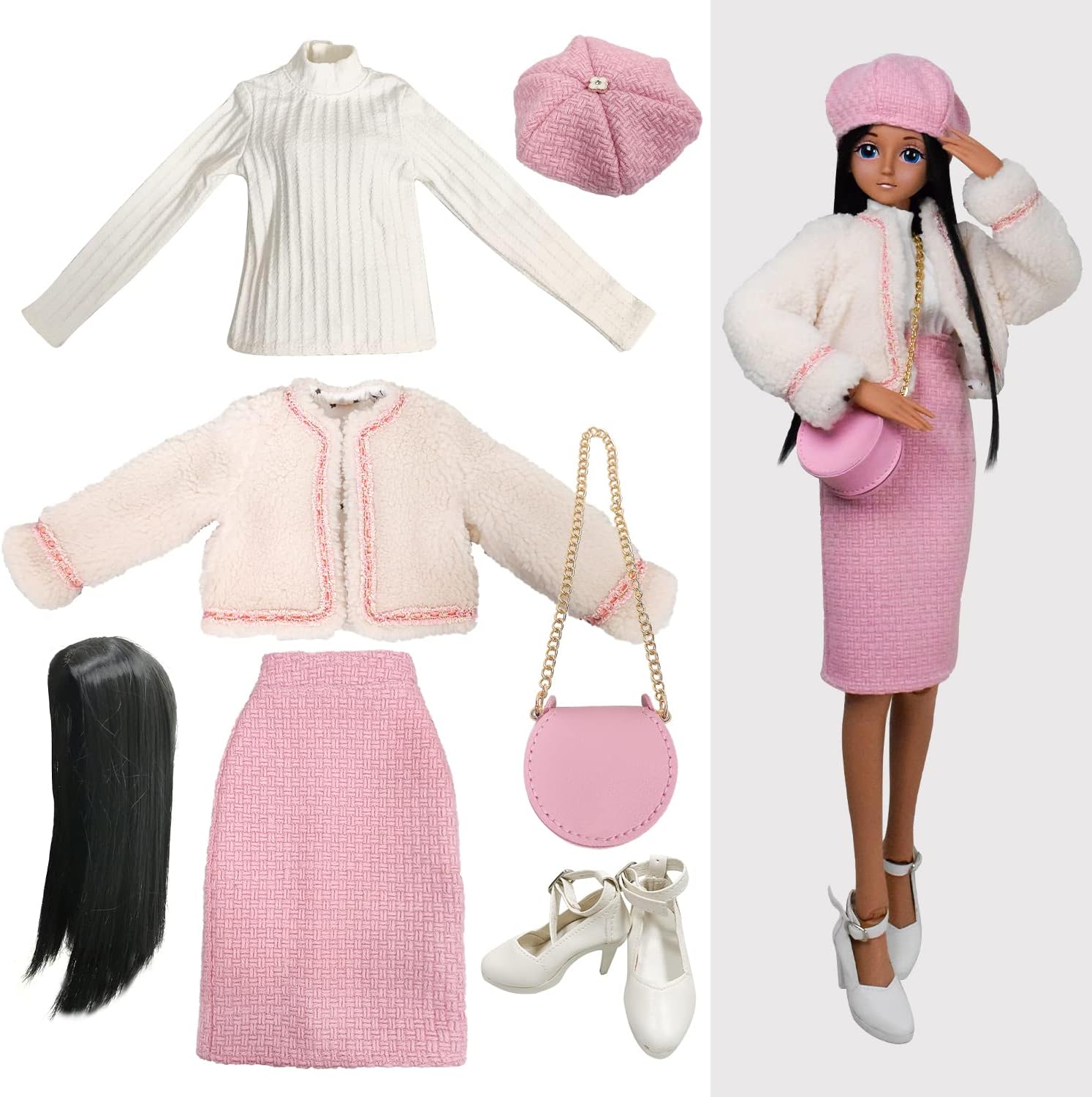 Proudoll 1/3 BJD Doll Clothes Outfit Set - Handcrafted Stylish Fuzzy Bear Jacket, Beret, Pink Dress, Long-Sleeve Shirt, Wig, Leather Bag & High Heels, Compatible with 1/3 60cm 24in SD Dolls