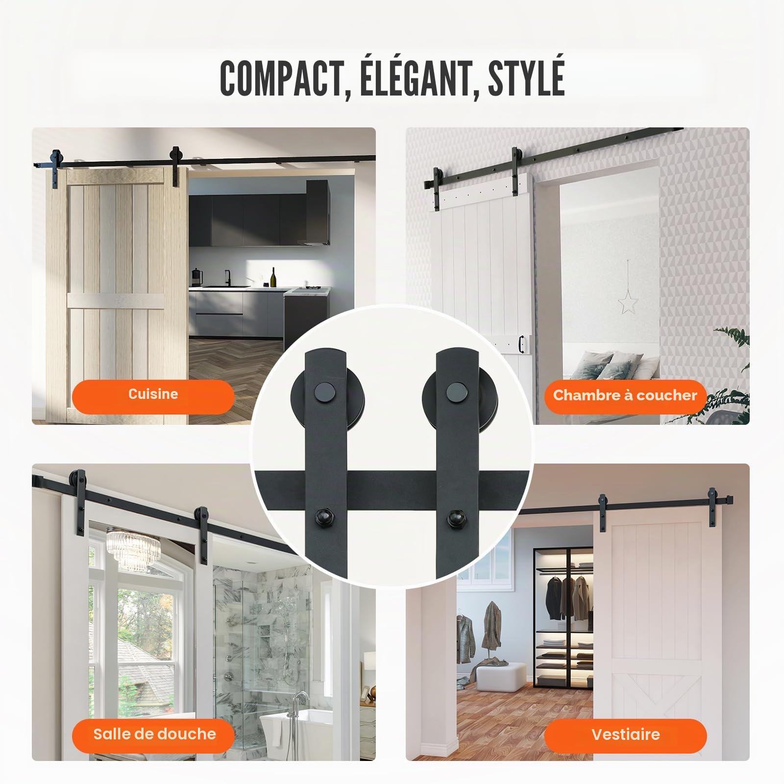 VEVOR Kit Quincaillerie de Porte Coulissante de Grange 244 cm Rail Porte Coulissante Convient Porte Simple Largeur 1,12-1,32 m Épaisseur 32-45 mm Charge 150 kg Poulie Silencieuse Forme I pour Maison