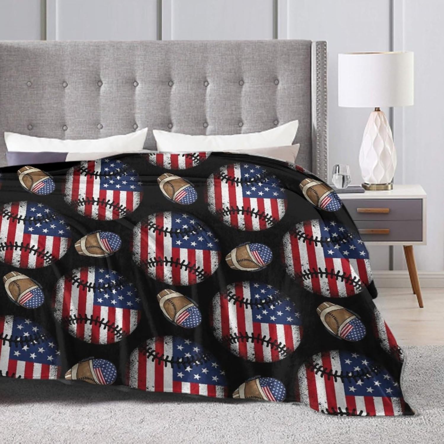 Women Men Baseball Vintage American Flag Design Throw Blanket Warm Soft Micro Fleece Throw Blankets for Office, Camping, Chair, School