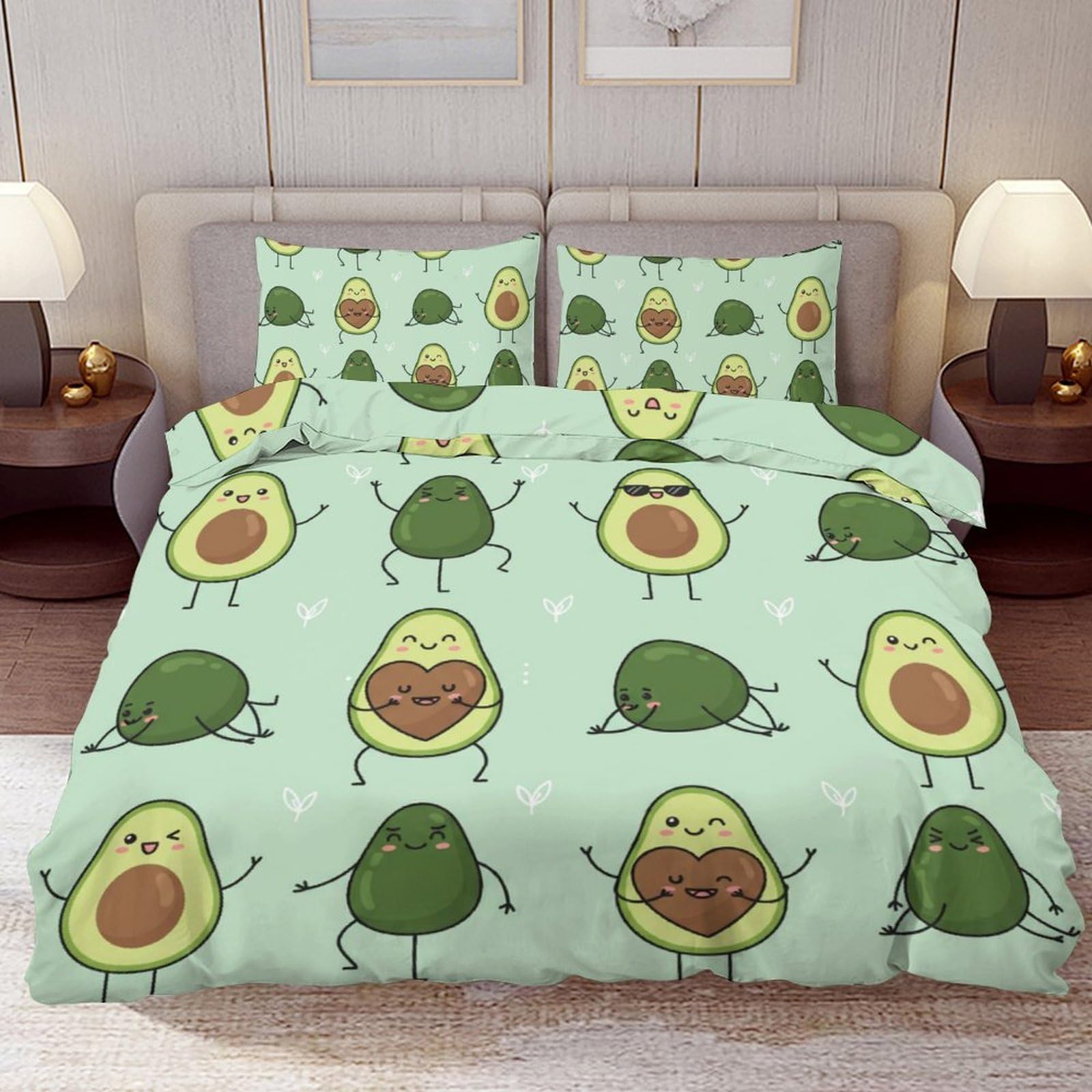 Delerain Comforter Cover Set Queen Size, Kawaii Cartoon Avocado 3-Piece Bedding Set for Women Men Modern Soft Microfiber Bedroom Set Room Decor, 1 Duvet Cover + 2 Pillowcases