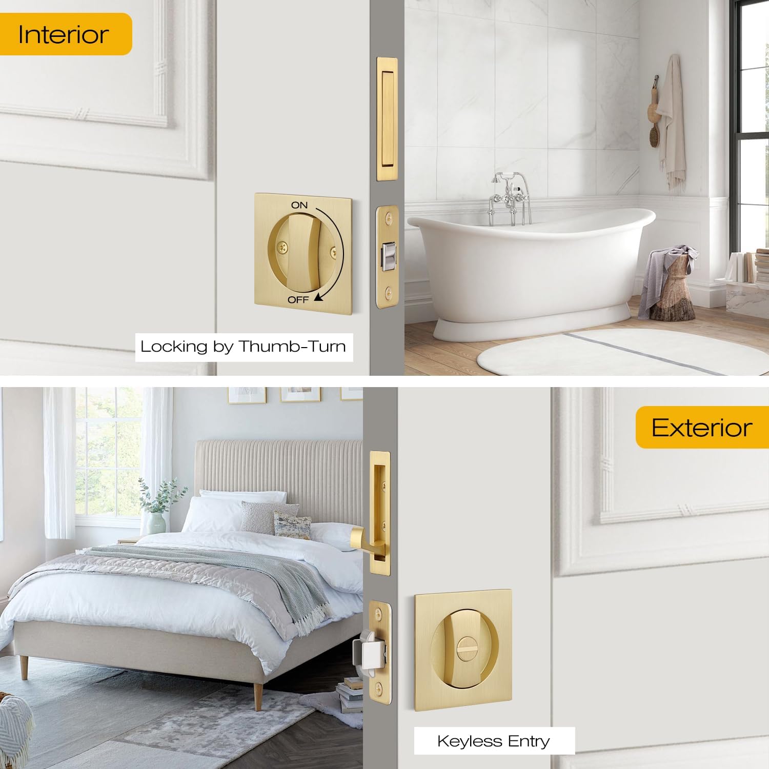 1 Pack Brushed Gold Pocket Door Hardware, Keyless Privacy Pocket Door Lock, Interior Pocket Door Pull for Bifold/Sliding Door, Reversible for Left/Right Doors, Modern Recessed Design