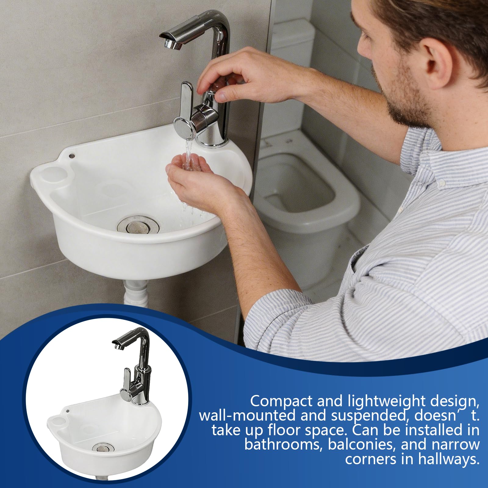 Lavabo de Pared Plástico con Grifo Mezclador, Kit Completo para Baño Jardín Camping Blanco