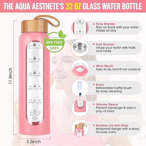 Miniatura 3 de Aqulea Botellas de agua de vidrio de 32 onzas con funda de silicona, botellas de agua motivacionales de vidrio de boca ancha reutilizables sin BPA