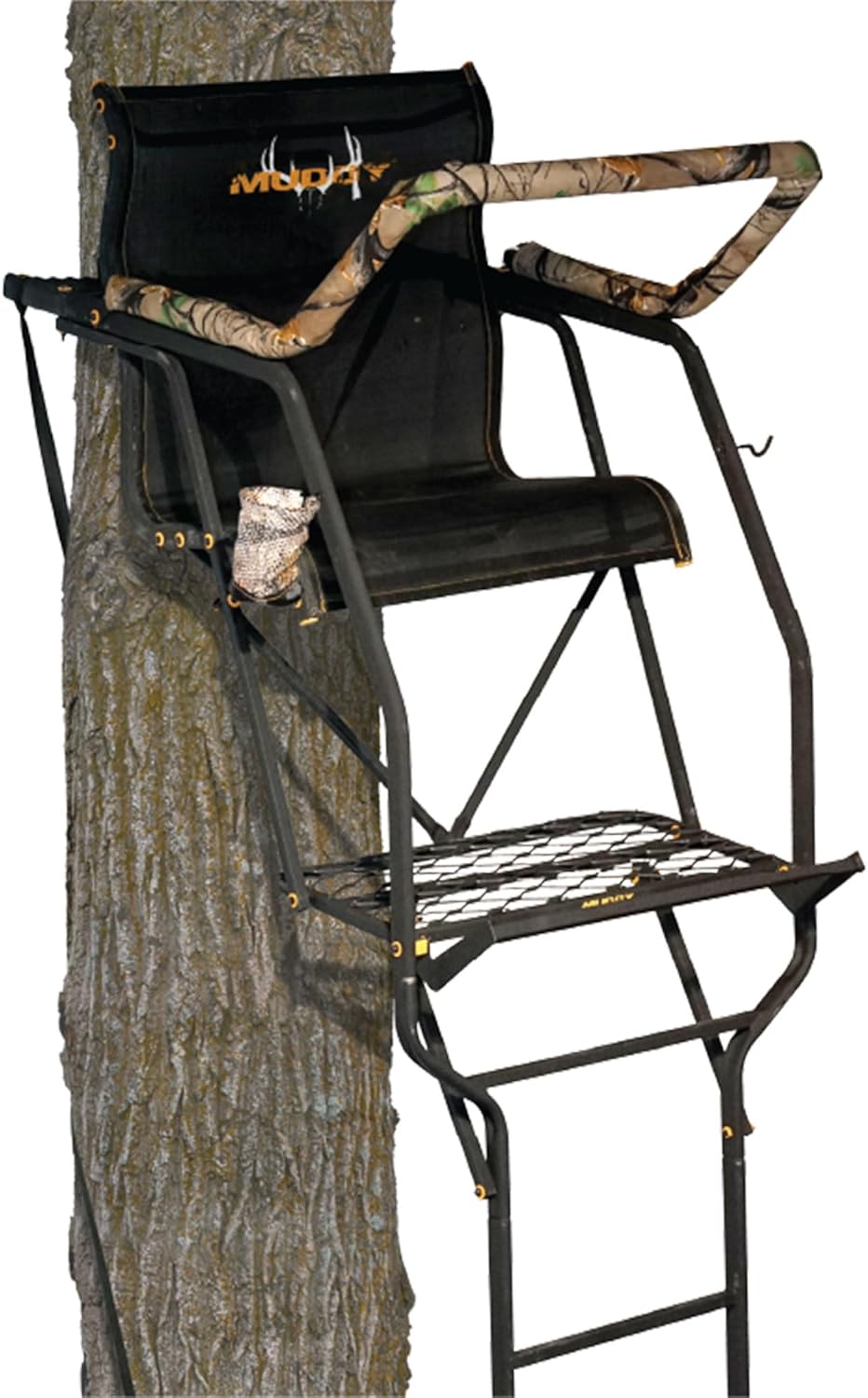 MUDDY The Stronghold 1.5 Deer Hunting Ladderstand, 21 Foot 1 Person Climbing Tree Stand with Lumbar Seat and Expanded D-Force Metal Platform