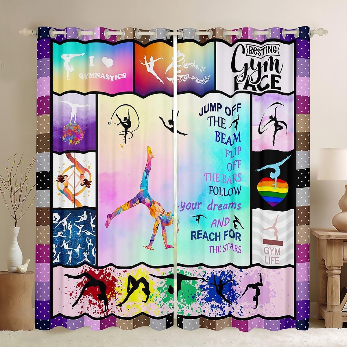 Castle Fairy Gymnastics Window Blackout Curtains,Gymnastics Lovers Curtain,Colorful Tie-dye Window Drapes for Kid Teens Boys Young Man,Modern Bedroom Decorative,Watercolor Grid Curtain,42Wx63L