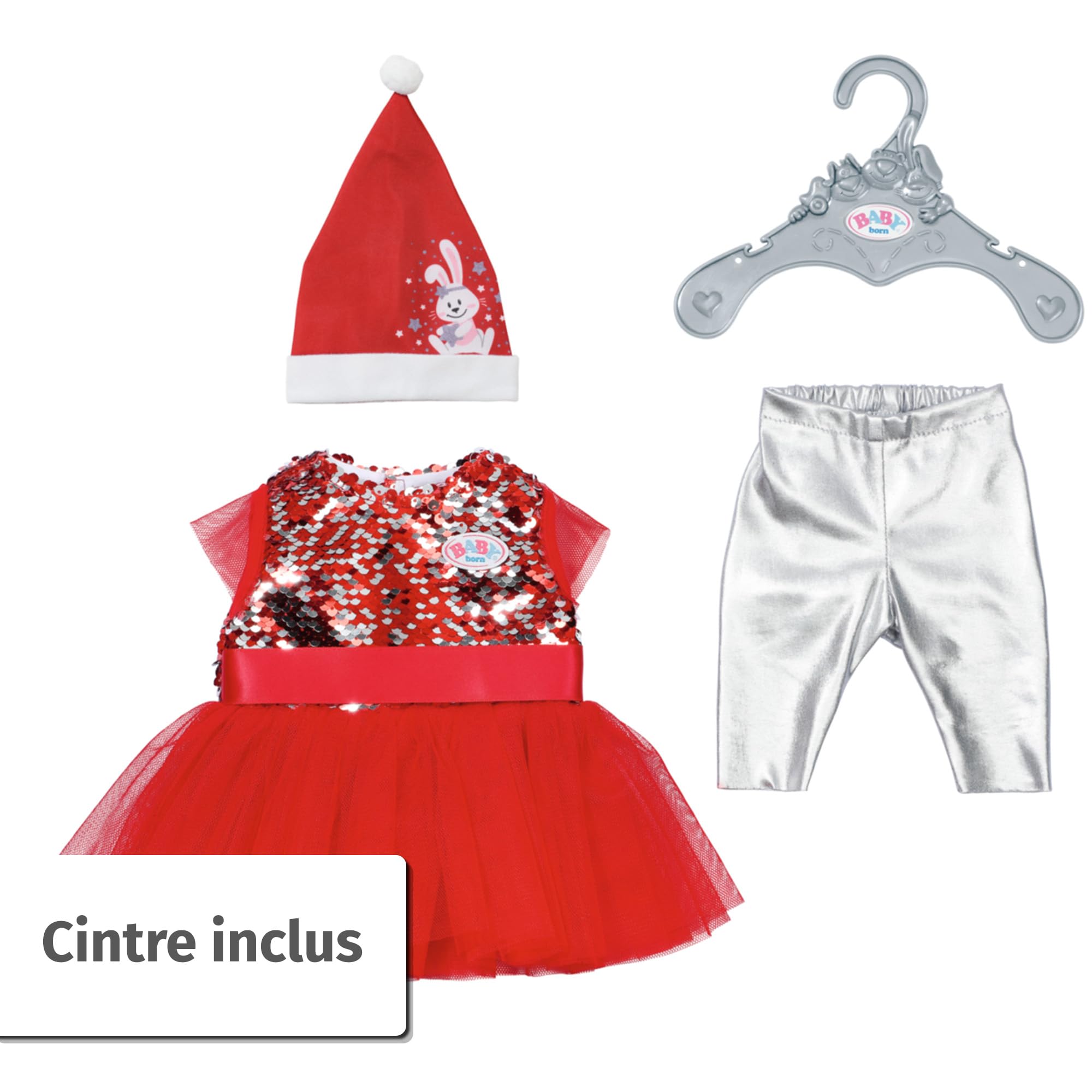 BABY born Strój bożonarodzeniowy 43 cm, sukienka bożonarodzeniowa z cekinami, legginsami i czapką bożonarodzeniową dla lalek 43 cm, 836118 Zapf Creation