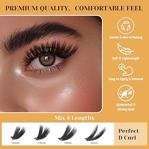 Miniatura 3 de Juego de 200 racimos de pestañas autoadhesivas, juego de pestañas reutilizables prepegadas, mezcla de pestañas individuales de 0.39 a 0.630 pulgadas