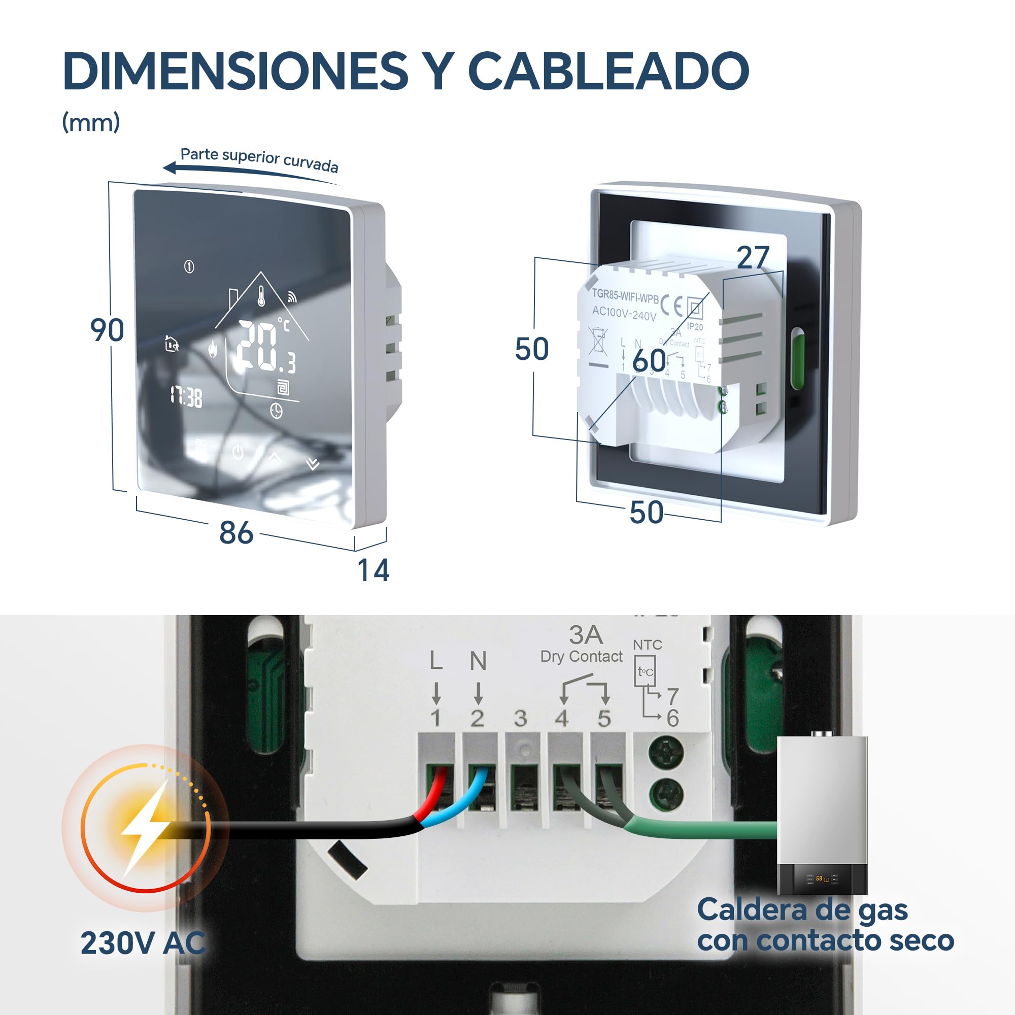 Termostato Programable con WiFi,Termostato Digital Inteligente Inalámbrico de Contacto Seco para Calderas de Calefacción,Termostato de Ambiente Integrado Compatible con Alxe y Google Assistant 85-WPB