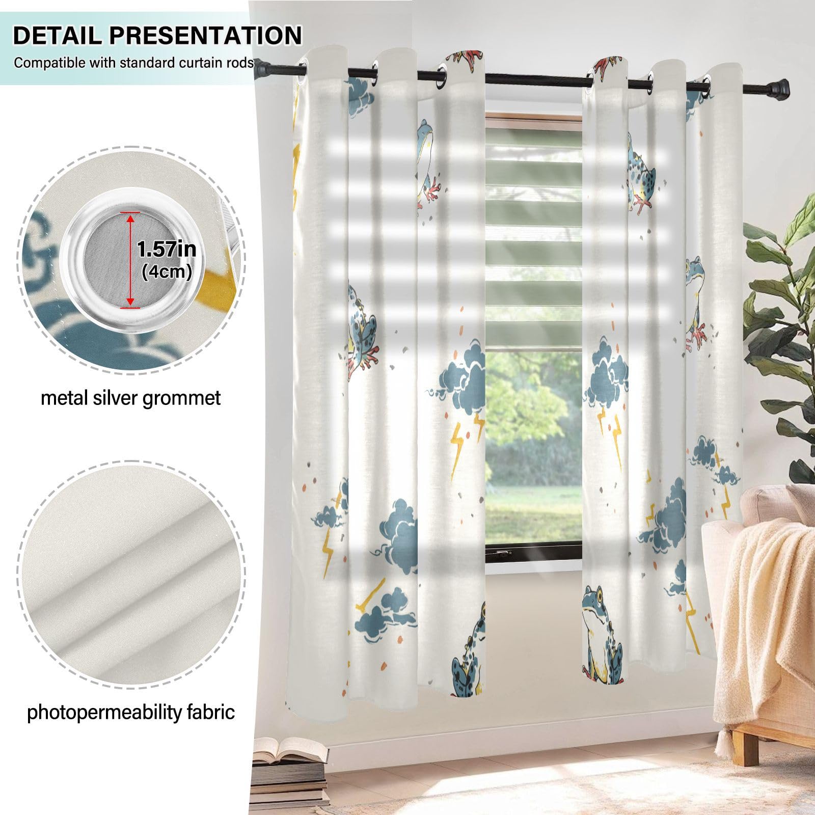 Cortinas decorativas de granja para tratamientos de ventanas, estilo japonés, rana blanco roto de 160 cm de largo, 2 paneles