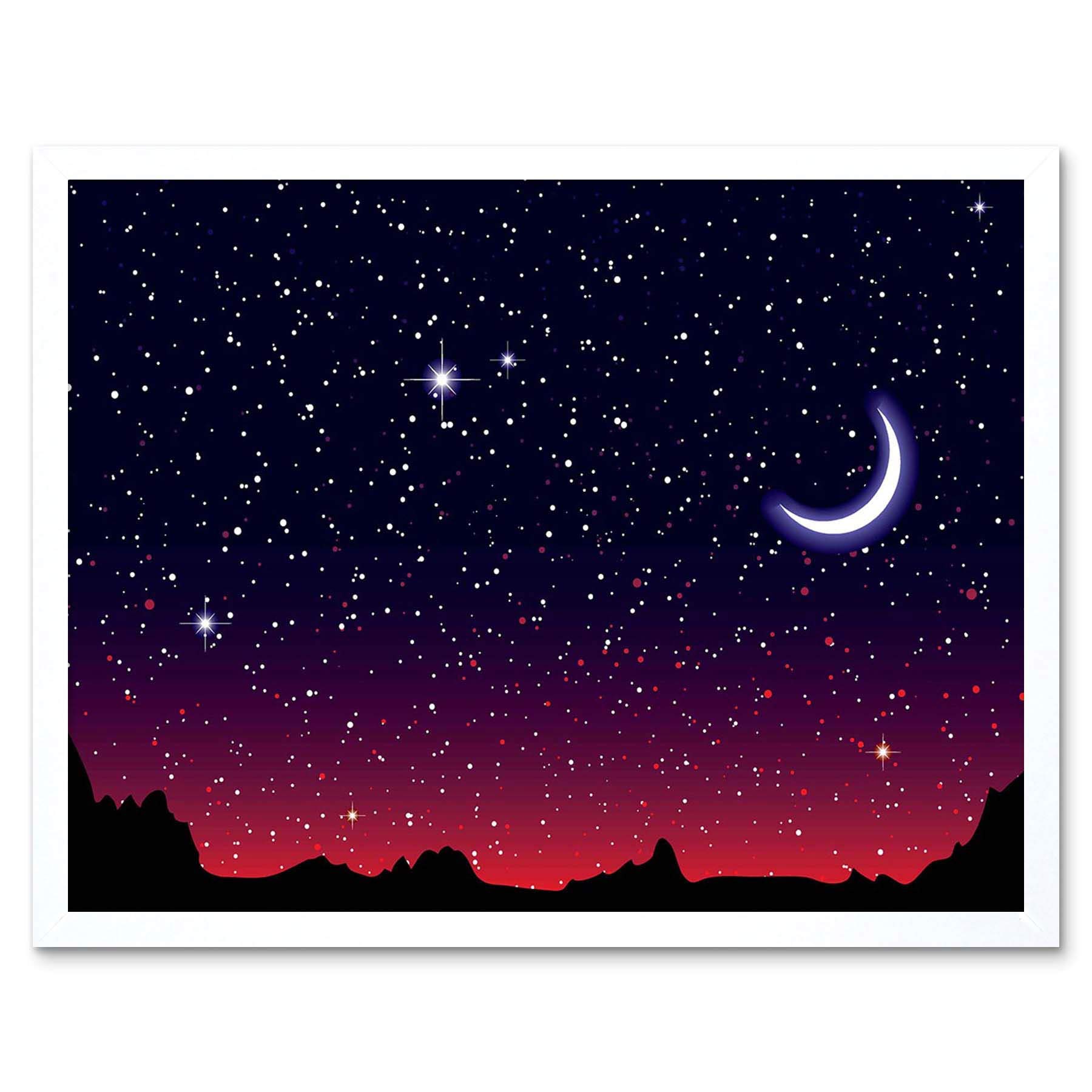 Wee Blue Coo Painting Illustration Starry Night Sky Crescent Moon Art Print Framed Poster Wall Decor 12X16 Inch