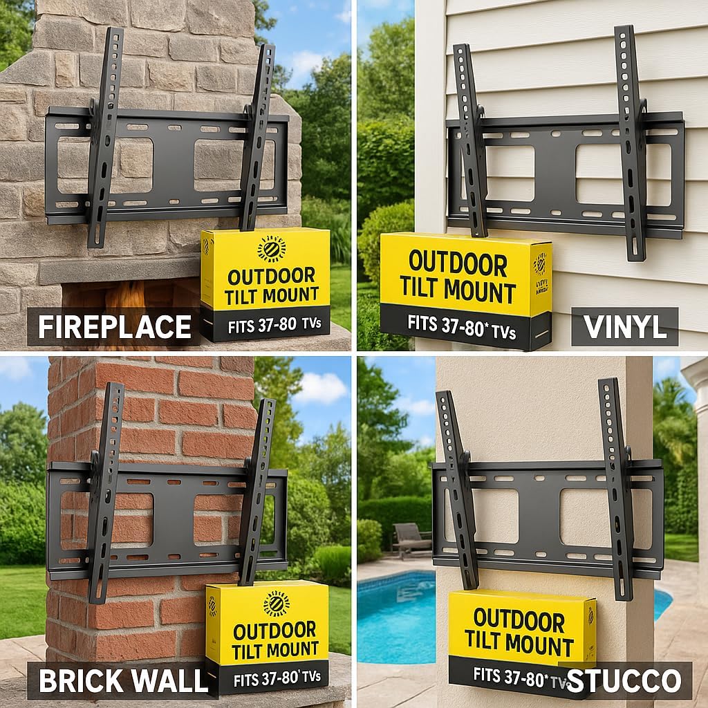 zebozap zztvt8064 outdoor tvmount weatherproof holds upto 80 inch tv on vinyl siding, stucco, brick & stone | holds 154lbs 37"-80" tv tilting