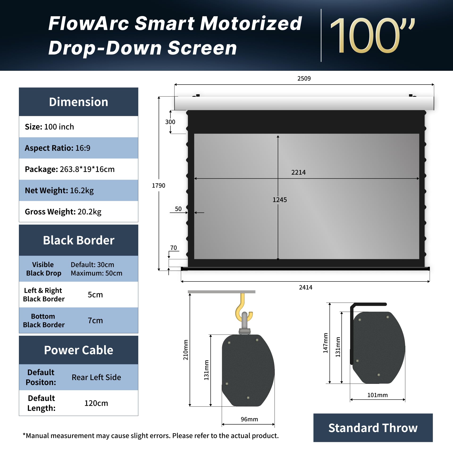 FlowArc Pantalla de Proyección 100 Pulgadas, Eléctrica Motorizada, Black Crystal 4K ALR, Montaje en Pared y Techo, Compatible con Proyectores ST/LT (No UST), para Ambientes Luminosos