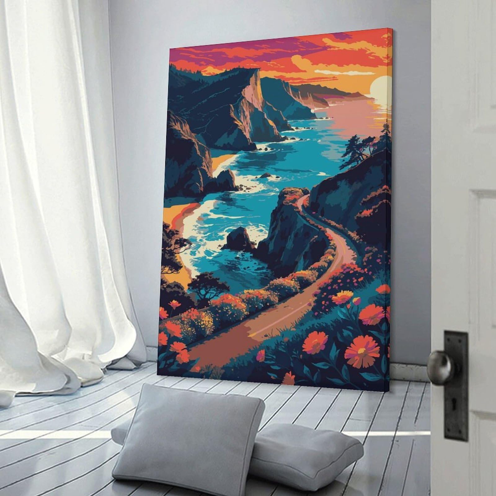 Junmoney Canvas Wall Decor Coastal Road at Sunset, 20x30inch(50x75cm), for Gallery Wall Decor And Room Displays, An Easy Match for Collected Prints