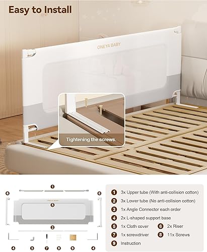 Miniatura 9 de Barandilla protectora para cama de bebé para niños pequeños, rieles reforzados de 78.7 pulgadas para cama Queen, King con altura ajustable,